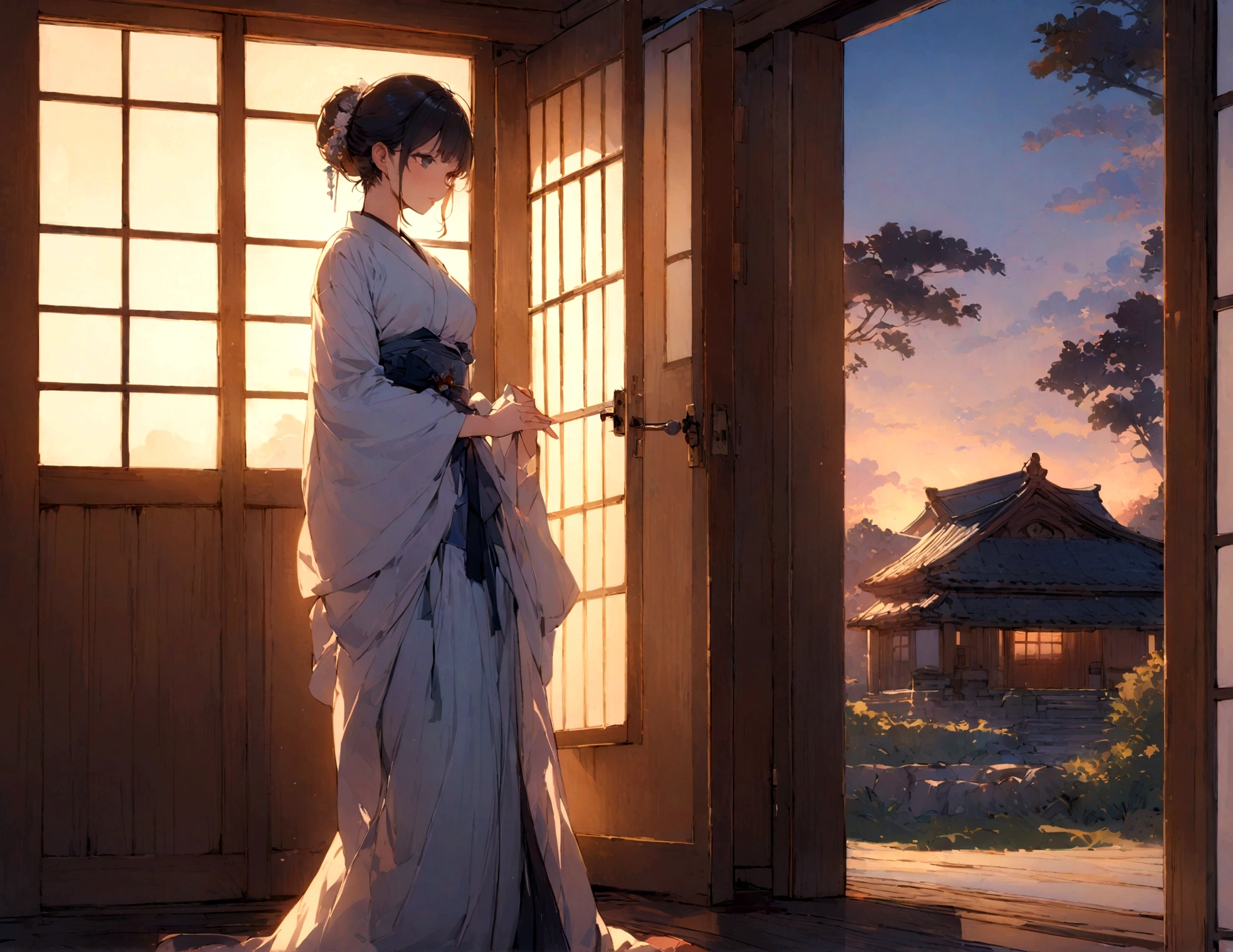 highest quality、Masterpiece、Japanese-style house、entrance、The door opens to the side、the door is open、evening、dark