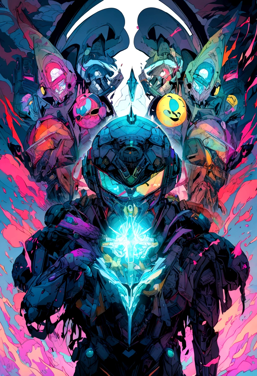 ilustrador, IP image, high quality, 8K, high resolution, High Detail, Smiley Face, Mechanical helmets, superimposition, Technological color,Science Fiction
