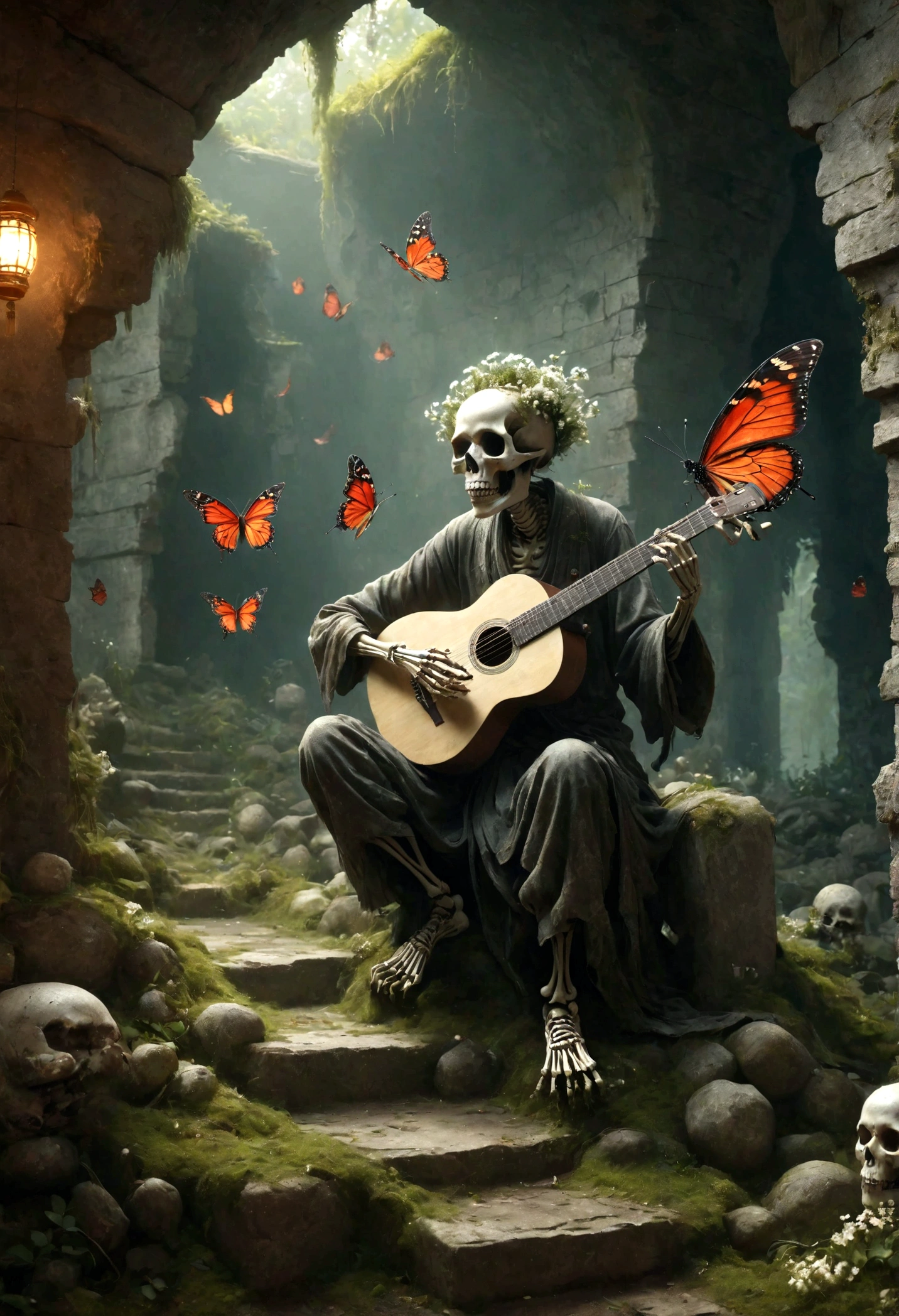 a skeletal figure playing a guitar, melancholic, desolate, moss-covered, dilapidated, squalid, (best quality,4k,8k,highres,masterpiece:1.2),ultra-detailed,(realistic,photorealistic,photo-realistic:1.37),dark fantasy,grim,moody lighting,dramatic shadows,cinematic,moody color palette,muted tones,grunge,decaying,weathered,tattered,Small white flowers,Ancient Chinese tombs,Dungeons,Cemetery,Black red,There is a broken bowl in front.,The Trail,Stairs,vine,rainwater,Swarms of glowing butterflies,A group of transparent wandering souls, Soul Wild Ghost,Look up