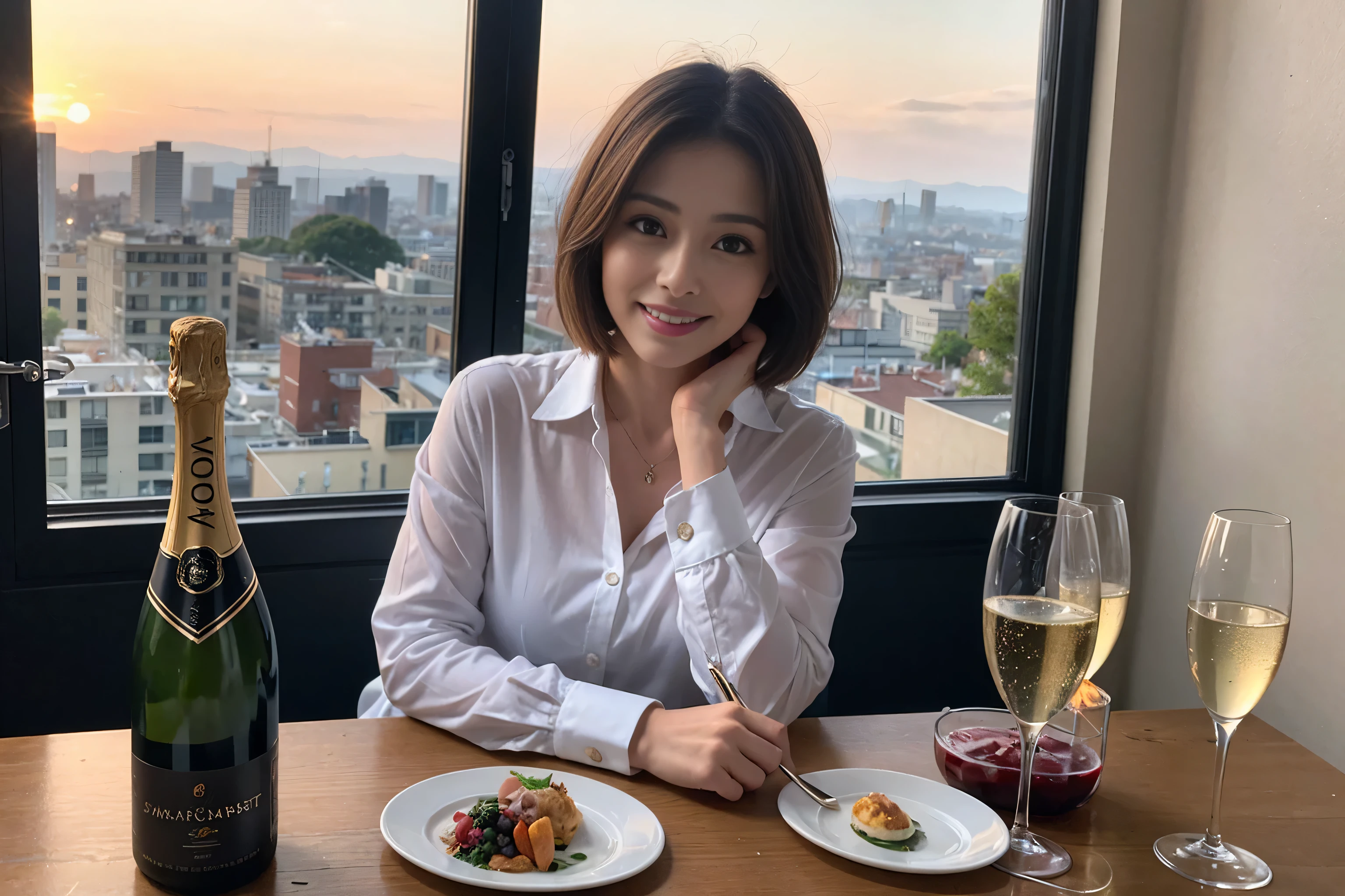 ((highest quality、8k、masterpiece:1.3))、A lover who resembles Satomi Ishihara、Beautiful couple、smile、full-course dinner、 (Slim face), (the body is スリム), (Brown Hair), (Short Hair), Wine glasses on the table、Amazing view of the sunset sky and clouds、 (Age 44), 39 years old, Wine bottle、Champagne、sparkling wine、Long sleeve shirt、dress、White wine, red wine,