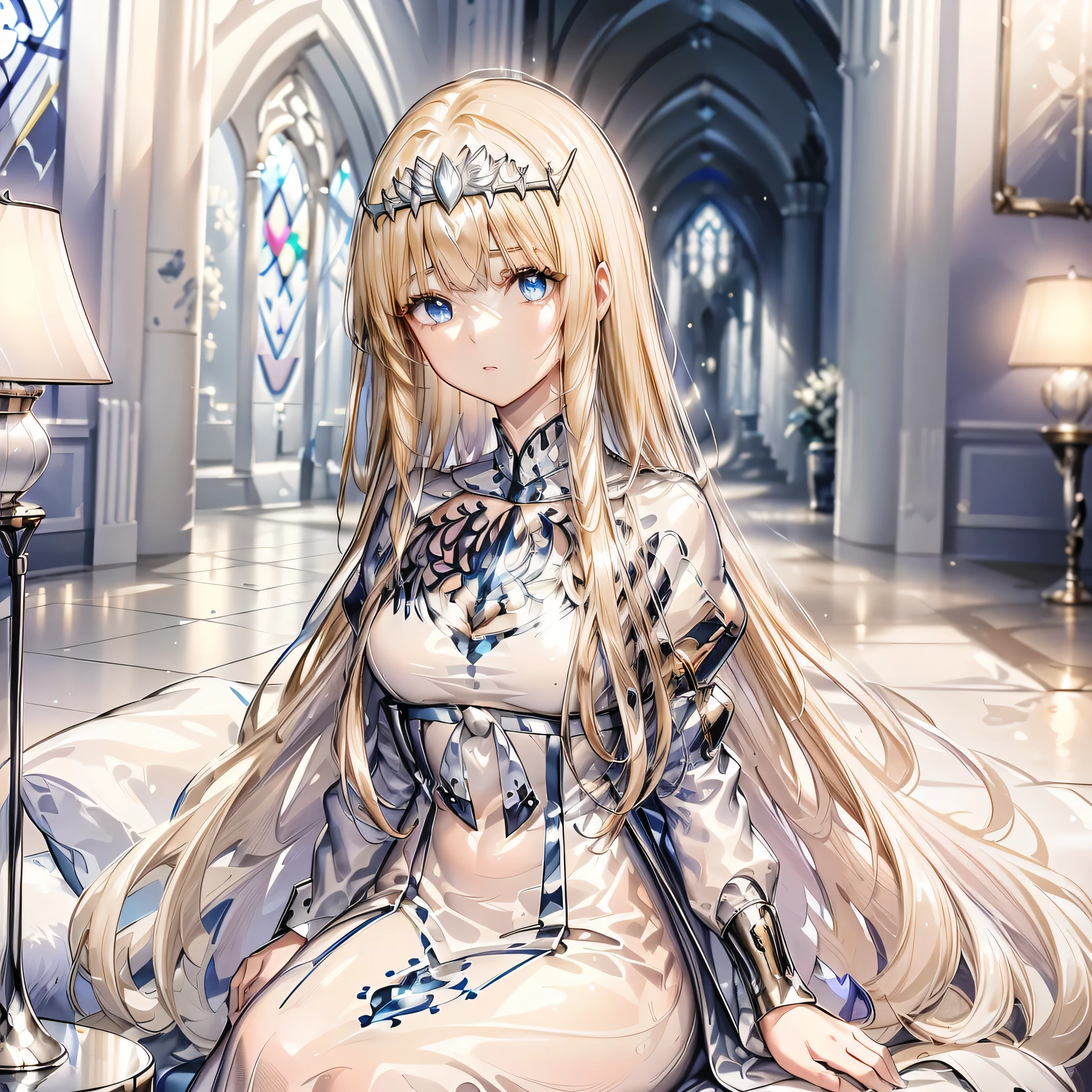 High definition RAW color art, Animation, sculptures, silver marble skin, (((Ultra detailed elegant))), Magical atmosphere, (Detailed skin, Texture (Intricately detailed, Fine detail, ultra-detailliert), depth of fields, Bokeh, silky touch, beautiful eyes, glass world, Hyper Detail, Matte Drawing, Pastel purple, 1girl, solo, Calca, Calca Bessarez, blonde hair, extremely long hair, very long hair, white tiara, silver tiara, white dress, blue eyes, medium chest, long straight hair, sitting on the luxurious chair, tear , tea table, indoor, cathedral, stained glass , knee up image, focus on upper body