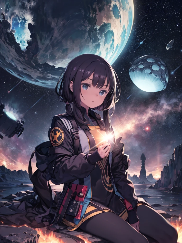 Drawing a young programmer, Sitting on a floating research platform in the middle of an asteroid belt. She is studying using a notebook, Surrounded by several asteroids that emit a fiery aura. Dramatic light from distant stars and planets illuminates the scene, Cast a deep shadow on the suit. Young people seem confident and determined, Gaze with wonder and reverence at the vast and mysterious universe,Facial hair, Cowboy Shot,
