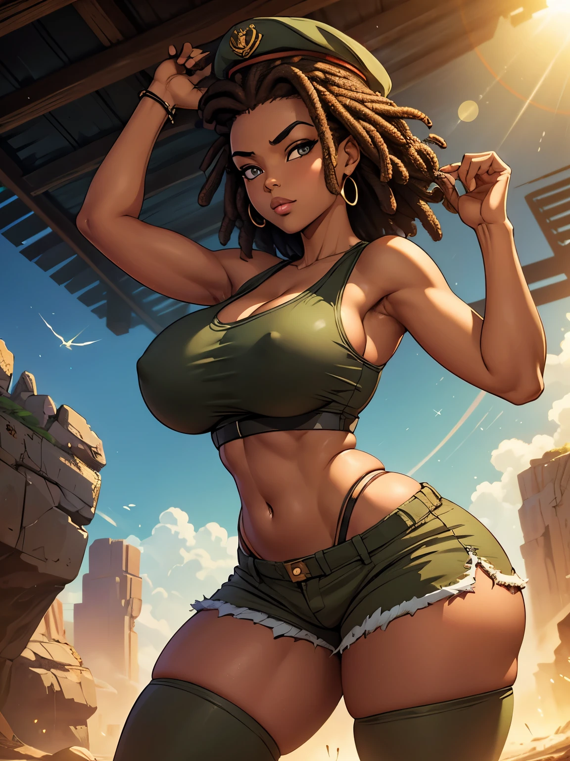 Masterpiece, digital 2D artwork, South Africa, A gorgeous curvy African woman, tank top, huge breasts, booty shorts, soldier woman, wide hips, serious, blushing, short hair, stylized dreadlocks, volumetric lighting, highly detailed, hyper detailed face, perfect clear eyes, long eyelashes, waist, navel, rays of light, army tags, army cap, anime style, 2D toon style,