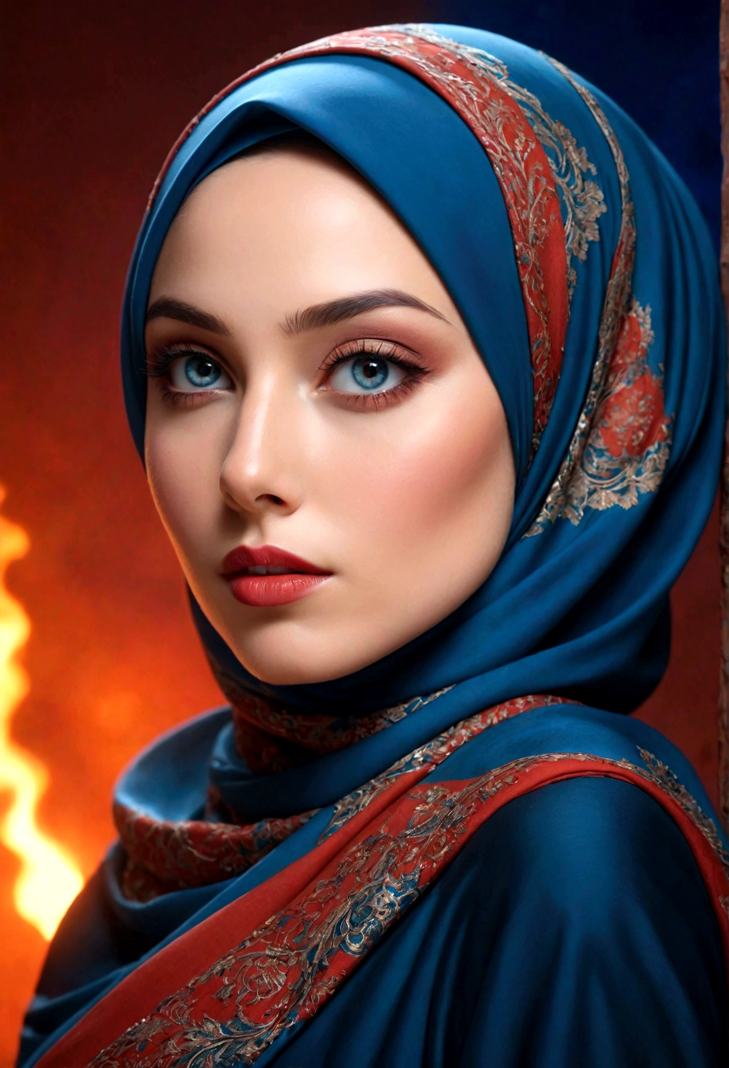 A woman with a hijab, beauty white skin, exuding serene confidence with her gaze directed off to the side. She's adorned in a dress that contrasts with her hijab, against a background of fiery red and cool blue hues.