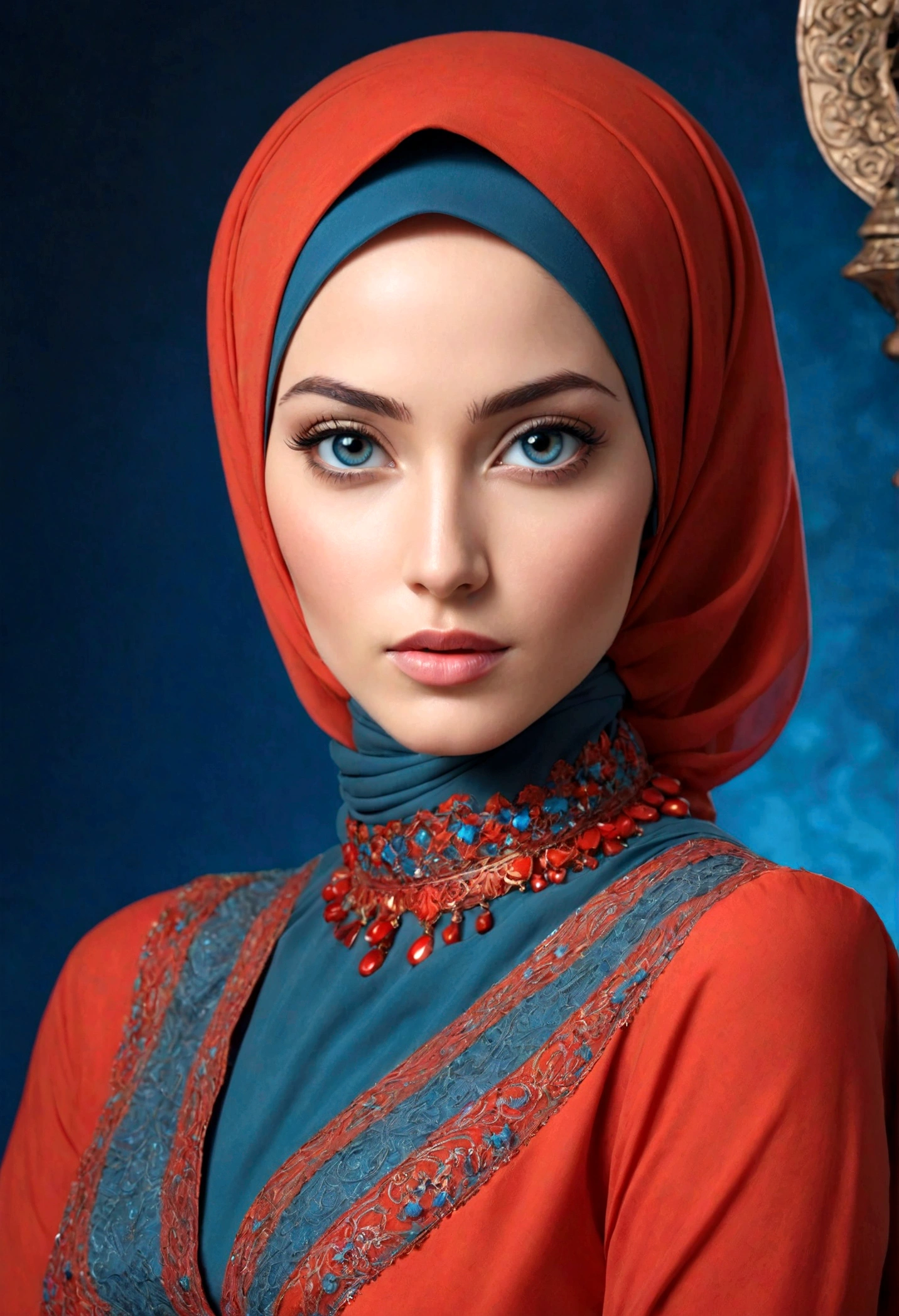 A woman with a hijab, beauty white skin, exuding serene confidence with her gaze directed off to the side. She's adorned in a dress that contrasts with her hijab, against a background of fiery red and cool blue hues.