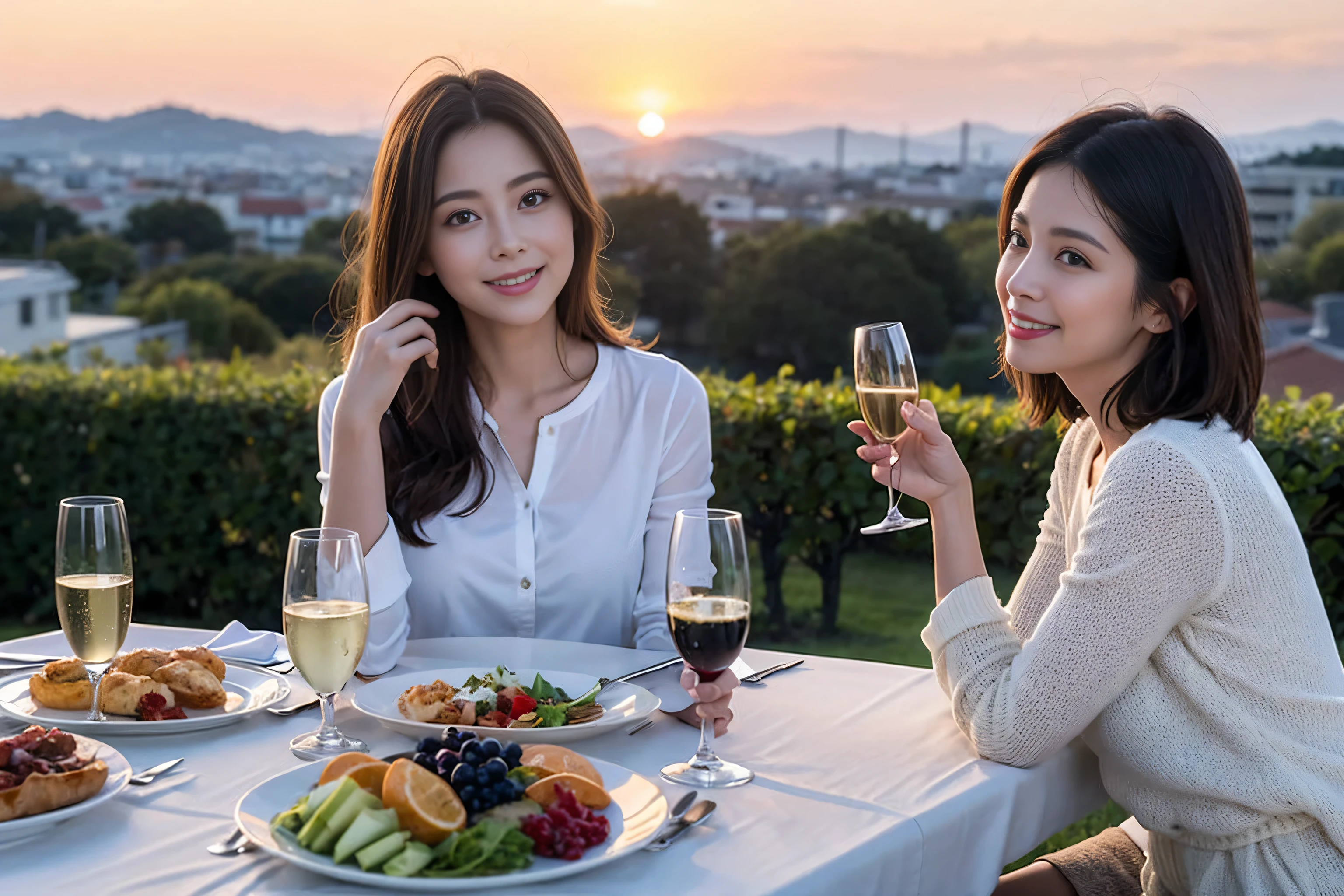 ((highest quality、8k、masterpiece:1.3))、A lover who resembles Satomi Ishihara、Beautiful couple、smile、full-course dinner、 (Slim face), (the body is スリム), (Brown Hair), (Short Hair), Wine glasses on the table、Amazing view of the sunset sky and clouds、 (Age 44), 39 years old, Wine bottle、Champagne、sparkling wine、Long sleeve shirt、dress、White wine, red wine, 