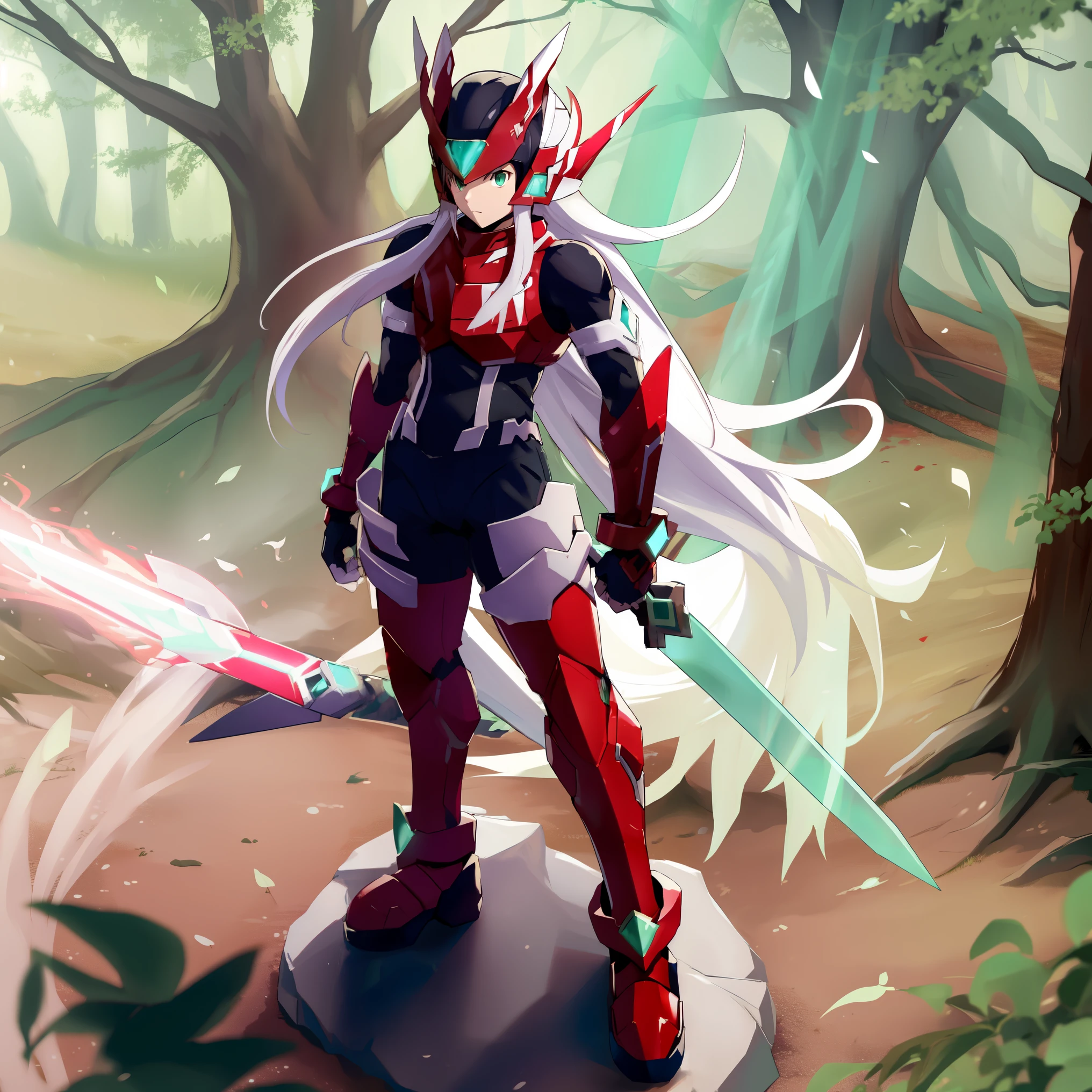 megzeromyth2023, 1boy, long white hair, red armor, green energy sword, high quality, masterpiece, standing with green flames coming from a tree