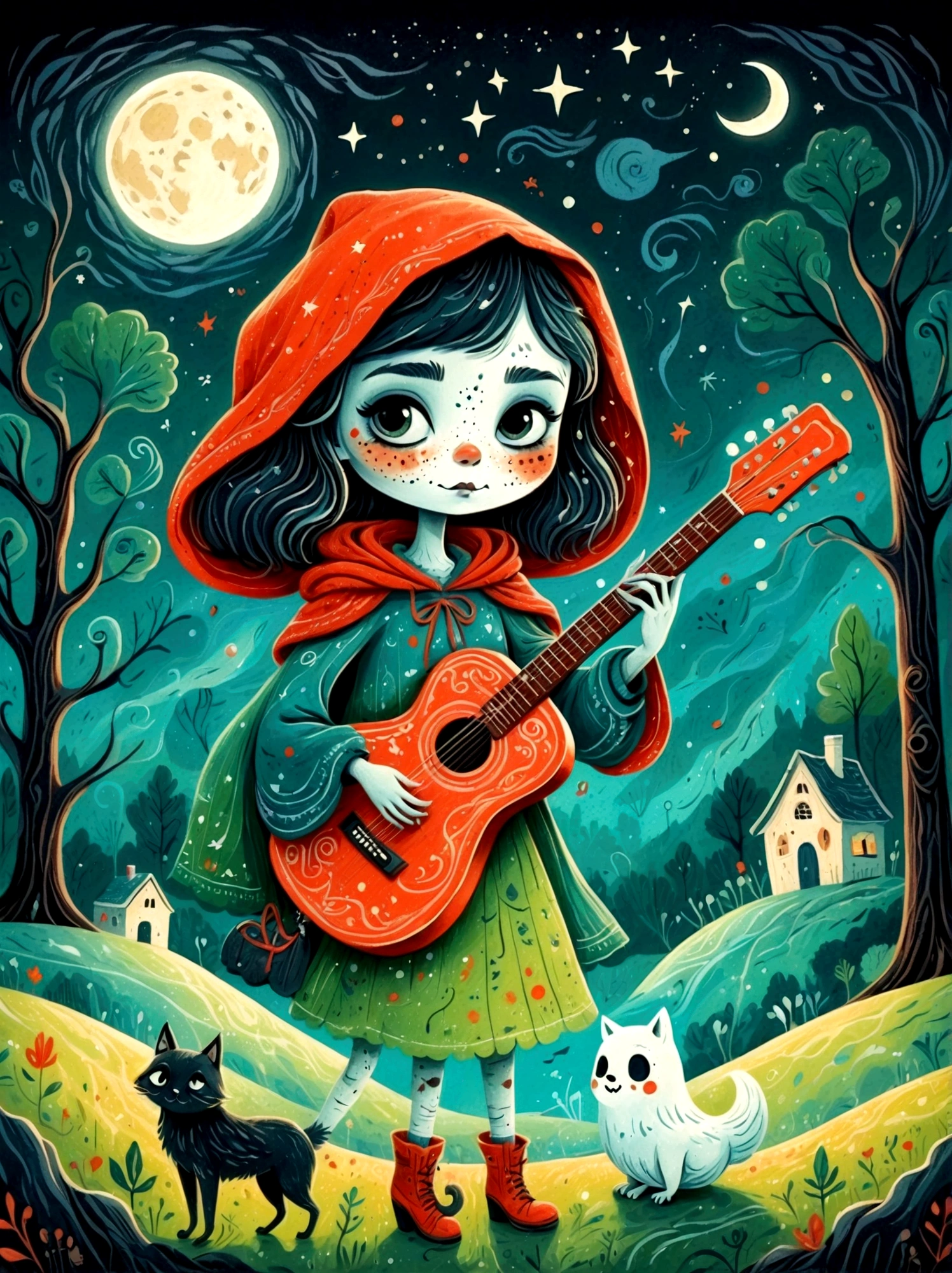 Cartoon hand drawn, 1girl, solo, Cute young charming little red riding hood girl,Strong zombie makeup, Playing an old guitar,the guitar player,Ghost Crowd,Ghost Viewer,Concert scene,Starry nights,Gloomy and foggy atmosphere,The cute absurdity,The attraction and rejection of extraordinary appearance,Magical naive art,Bright blue and green,The color palette is in red, orange and black tones and has a sketchy style, The background should have a simple hand-drawn doodle pattern, 1shxx1