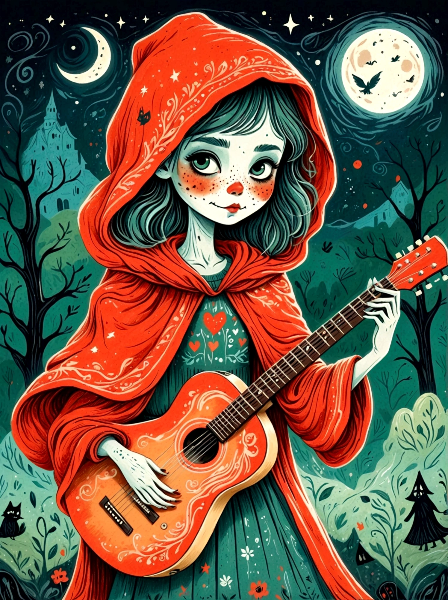 Cartoon hand drawn, 1girl, solo, Cute young charming little red riding hood girl，Strong zombie makeup, Playing an old guitar，the guitar player，Ghost Crowd，Ghost Viewer，Concert scene，Starry nights，Gloomy and foggy atmosphere，The cute absurdity，The attraction and rejection of extraordinary appearance，Magical naive art，Bright blue and green，The color palette is in red, orange and black tones and has a sketchy style, The background should have a simple hand-drawn doodle pattern, 1shxx1