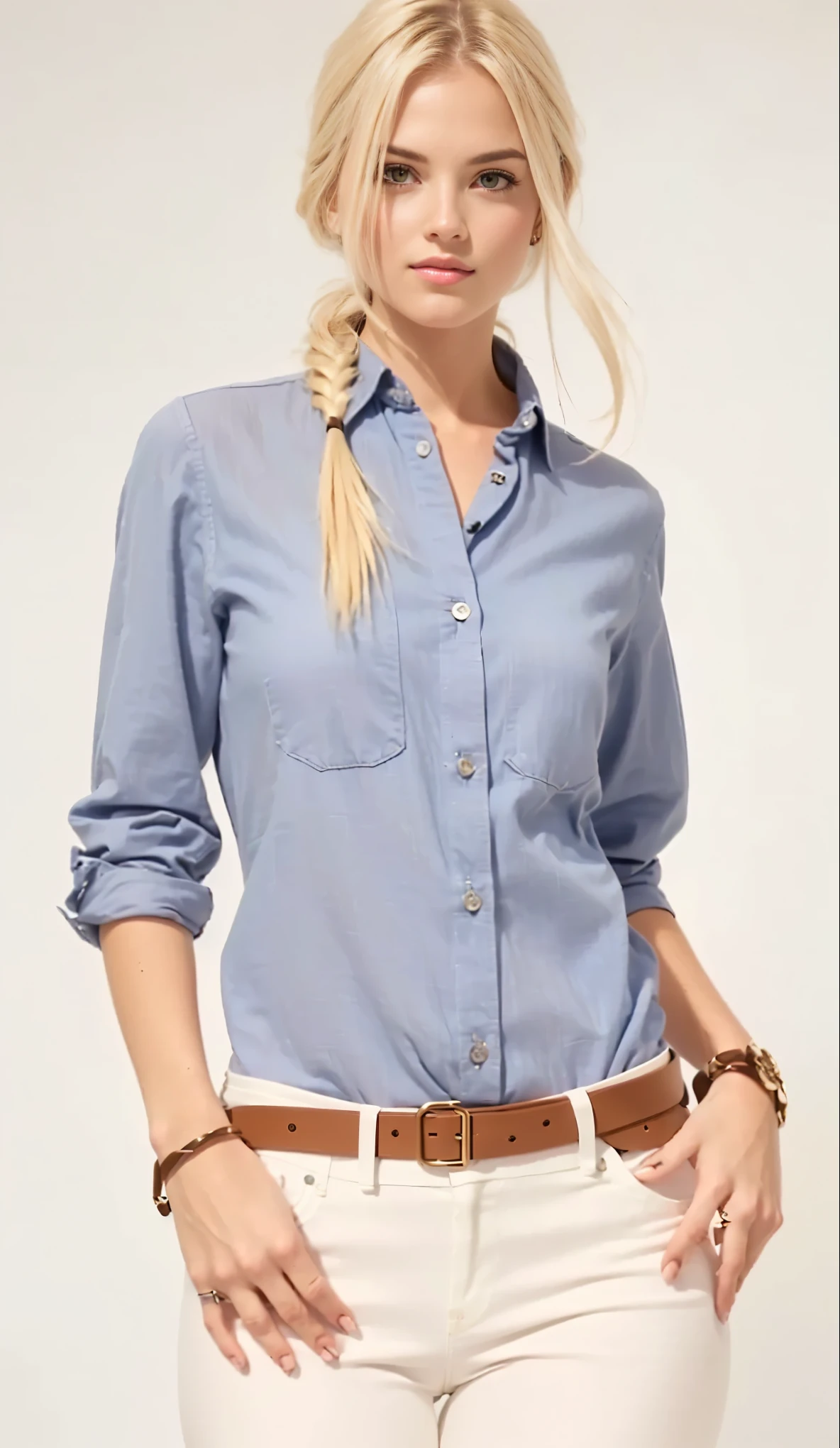 arafed woman in a blue camisa and white pants posing for a picture, blue camisa, wearing in camisa, button up camisa, wearing a light blue camisa, button - up camisa, camisa, navy camisa, tied - up camisa, dark blue camisa, wearing a camisa and a jean, wearing a light camisa, Estilo certinho, roupas ocidentais