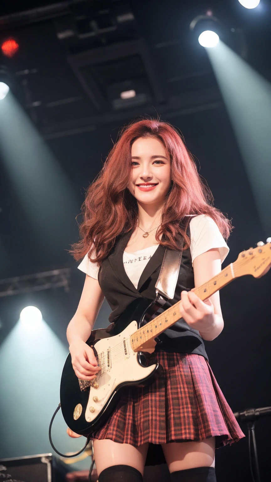 ((best quality)), photorealistic, photorealism, Photorealistic, high resolution, school girl blazer、 black t shirt、Red checked knee-length skirt、Long skirt、JK Style、Jacket、smile、Knee-high socks、Thigh-high socks、pantyhose、A superb beauty、Super cute、ennui、Rare beauty、Short hair、Aestethic tatoo, Black Dark Eyeshadow、Sad、white skin、pale skin, short hair straightener、Dark Gothic Makeup、Cute Smile、Fragrant beauty、Stained glass background、Mastepiece、Best Quality、Refers to 5 books、Sweat glistening on my chest、Sweat glistening on my face、Large breasts、Huge breast、Red hair、Age 20 years old、Mysterious look、A sad expression、Red Hair、mysterious gothic church、enchanting castle、Sweating profusely all over the body、A lot of sweat and light on the thighs、Shiny thighs、Plenty of sweat glistening on the thighs、A large amount of sweat glistens on my thighs、Sweating profusely、Gal、Medium breasts、beautiful face、Alluring expression、Thin thighs、Playing electric guitar、I have an electric guitar、Sing a song enthusiastically、Playing guitar in a band、Playing guitar chords、Live House Background、Sing a song、Open your mouth、Live house scenery、Mike stand、Glamorous live stage、Dynamic Angle、cinematic lighting