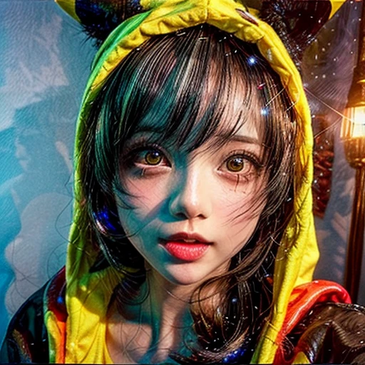 (Girl in ((Yellow)) Pikachu hood), (naked hoodie, hood loosely open) . masterpiece 8K best quality, (RAW PhotoRealistic HyperRealism:1.37) Ultra-detailed, (Acutance:0.85), VolumetricLighting, (Studio) gray background with (Blurred colorful Lights dazzling bokeH:1.28), { (Overflowing Gigantic Cleavage;1.2) | (Golden ray illuminating face) | (Photon Particles:0.95) } . BREAK . (((Extremely detailed KAWAII face))), perfect anatomy, Childish, CaptivatingGaze, Elaborate detailed Eyes with (Sparkling Highlights:1.28), Beautifull Pupils, (Voluminous Long Eyelashes:0.88)、Glossy Lips, Rosy Cheeks, (Flawless FineSkin, Radiant PearlSkin with Transparency) . { (joyful expressions:1.28) | (:d) }, (Large eyes:-1) . ((leaning forward with DownBlouse))