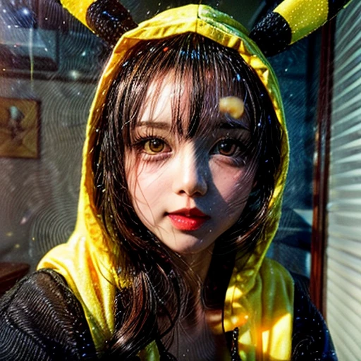 (Girl in ((Yellow)) Pikachu hood), (naked hoodie, hood loosely open) . masterpiece 8K best quality, (RAW PhotoRealistic HyperRealism:1.37) Ultra-detailed, (Acutance:0.85), VolumetricLighting, (Studio) gray background with (Blurred colorful Lights dazzling bokeH:1.28), { (Overflowing Gigantic Cleavage;1.2) | (Golden ray illuminating face) | (Photon Particles:0.95) } . BREAK . (((Extremely detailed KAWAII face))), perfect anatomy, Childish, CaptivatingGaze, Elaborate detailed Eyes with (Sparkling Highlights:1.28), Beautifull Pupils, (Voluminous Long Eyelashes:0.88)、Glossy Lips, Rosy Cheeks, (Flawless FineSkin, Radiant PearlSkin with Transparency) . { (joyful expressions:1.28) | (:d) }, (Large eyes:-1) . ((leaning forward with DownBlouse))