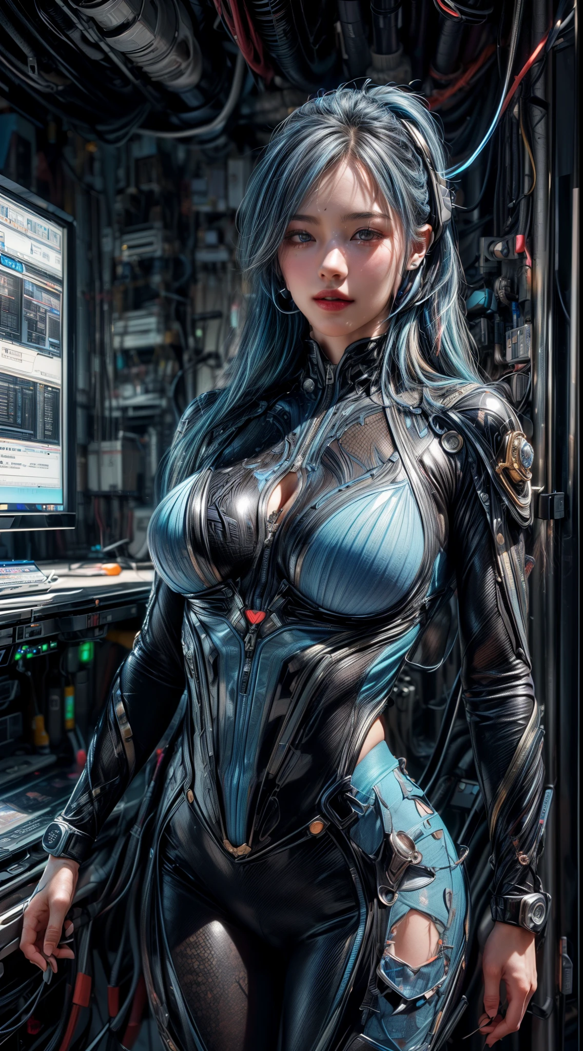 (((Differing views:1.5)))、(((Various poses:1.2)))、((barcode))、(((Different actions:1.5)))、(smile)、Mature Woman、masterpiece,highest quality,Very detailed,(((Big Breasts)))、((Art Movement:1.2))、bite、(Abdominal muscles)、((Light blue hair))、((Black Hair))、((Two-tone hair))、((Gradient Hair))、((((Trendy quirky hairstyles)))), ((Near future)),((sf)),Machinery Parts、((A white, ultra-tight plug suit with detailed decoration))、 Very beautiful woman、headset、(((Luminescence Electronics)))、Slender women、((cyber punk))、(((Digital Metaverse)))、((Dark virtual space))、((Neon color))、(Lots of monitors)、((Fluorescent lighting in server room))、((Lots of electronics))、(((Connect with code)))、(Detailed face)、Realistic Skin、((Delicate photo))，(少女のmasterpiece、Photo details:1.25), (highest quality:1.6), (超A high resolution:1.5), (Realistic:1.75), 8K resolution, Canon EOS R5, 50mm, Absurd, Very detailed,Cinema Lighting,Browsing Caution:0.8、((Powered Suit))