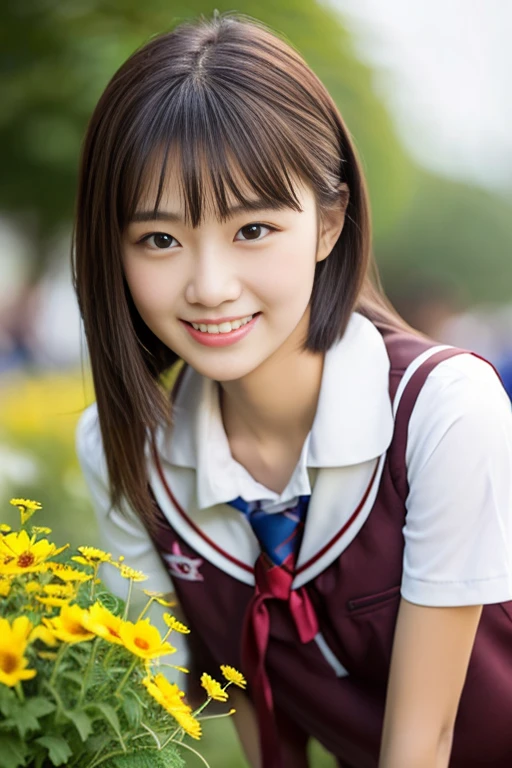 (((full bodyesbian)))、((Girls' High School Uniforms))、((１a person))、ponytail、short-hair、Close to the subject、((a school flower beds)))、(((ssmile)))、(((Girls' High School)))、((a beauty girl))、((sexy  pose))、Photorealsitic、Beautiful detailed eyes、Hyper-Realism、highcontrast、Ultra HD、realistic skin textures、Top image quality、top-quality、超A high resolution、Fine details、Very meticulously、ample round bosom