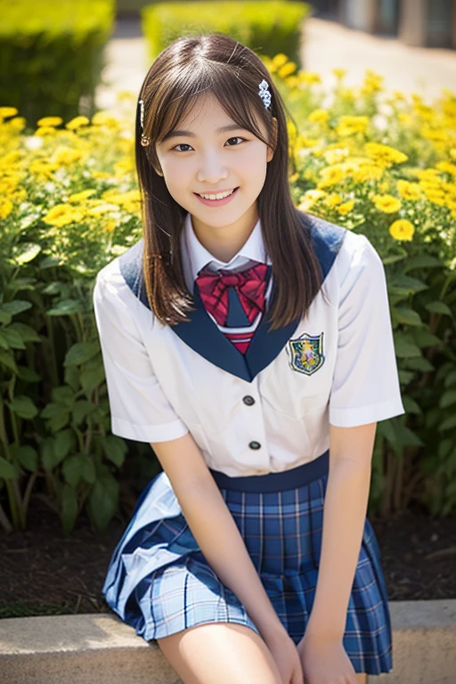 (((full bodyesbian)))、((Girls' High School Uniforms))、((１a person))、ponytail、short-hair、Close to the subject、((a school flower beds)))、(((ssmile)))、(((Girls' High School)))、((a beauty girl))、((sexy  pose))、Photorealsitic、Beautiful detailed eyes、Hyper-Realism、highcontrast、Ultra HD、realistic skin textures、Top image quality、top-quality、超A high resolution、Fine details、Very meticulously、ample round bosom