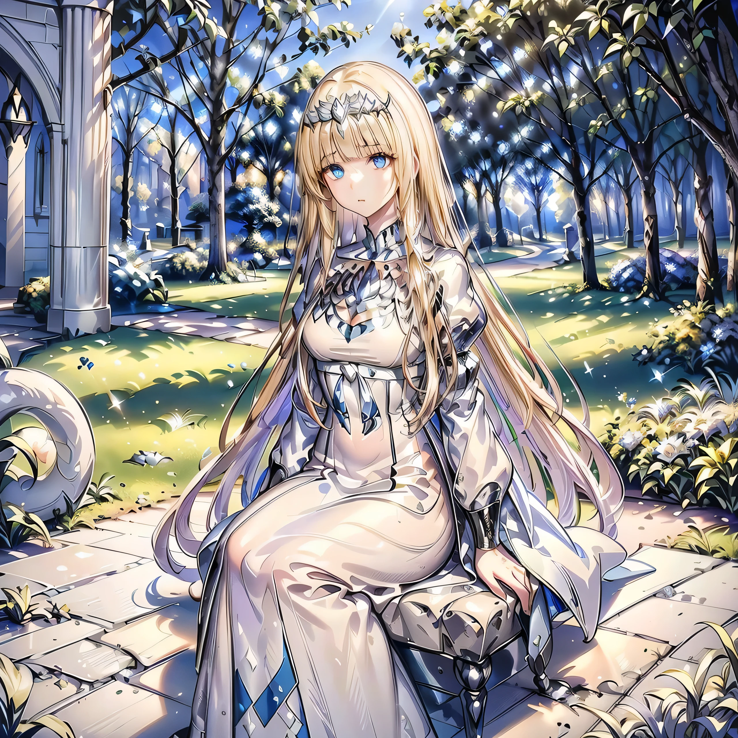 High definition RAW color art, Animation, sculptures, silver marble skin, (((Ultra detailed elegant))), Magical atmosphere, (Detailed skin, Texture (Intricately detailed, Fine detail, ultra-detailliert), depth of fields, Bokeh, silky touch, beautiful eyes, glass world, Hyper Detail, Matte Drawing, Pastel purple, 1girl, solo, Calca, Calca Bessarez, blonde hair, extremely long hair, very long hair, white tiara, silver tiara, white dress, blue eyes, medium chest, long straight hair, full body, sitting on the stone,,outdoor, in the garden, botanical garden,