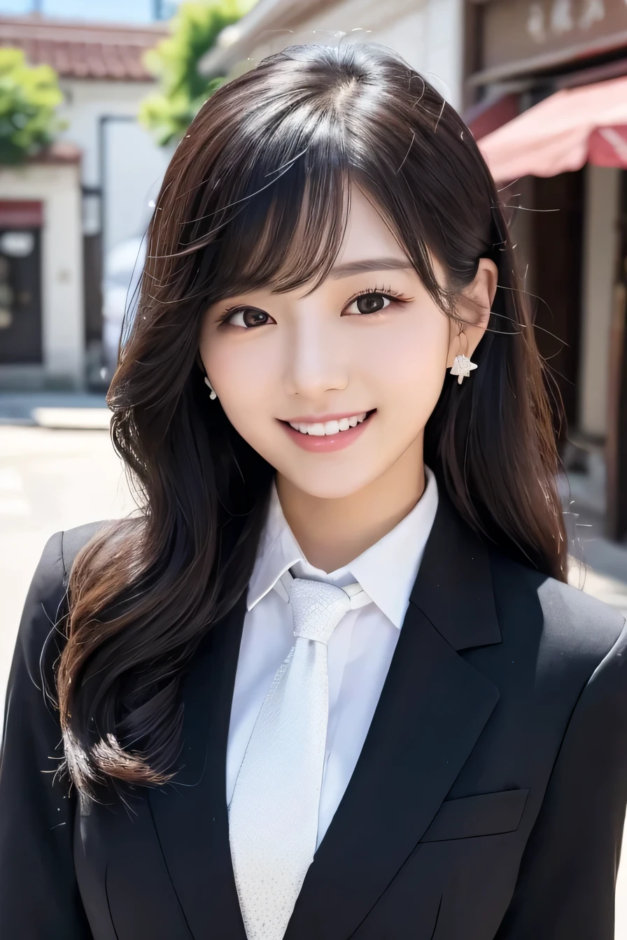 young woman、 Korean women、Black Hair、Wavy Hair、、ear piercing、、Black business suit、White dress shirt、tie、smile、Beautiful teeth alignment、Intricate details, Very detailed:1.2), 、 Looking into the camera,The background is the town、
