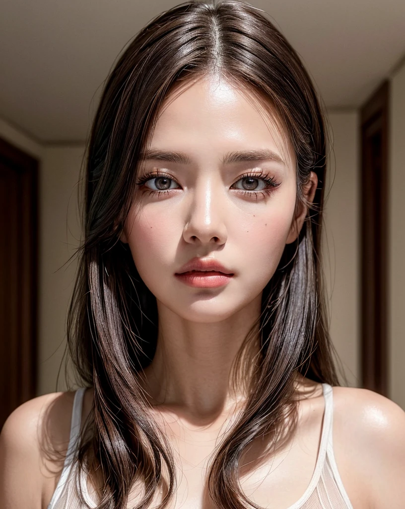 (Best quality, 4k, Masterpiece :1.4), pretty woman, 1girl, sexy :1.1, dark brown hair: 1.1, (pink shirt), ultra-detailed face, detailed lips, detailed eyes, double eyelid, in the dark, deep shadow, low key, cold light, (The dim,In the living room of a luxury hotel),(Best quality, 4k, Masterpiece :1.3), pretty woman, 1girl, sexy :1.1, dark brown hair: 1.1, white tank tops, ultra-detailed face, detailed lips, detailed eyes, double eyelid, in the dark, deep shadow, low key, cold light, (The dim,In the living room of a luxury hotel),