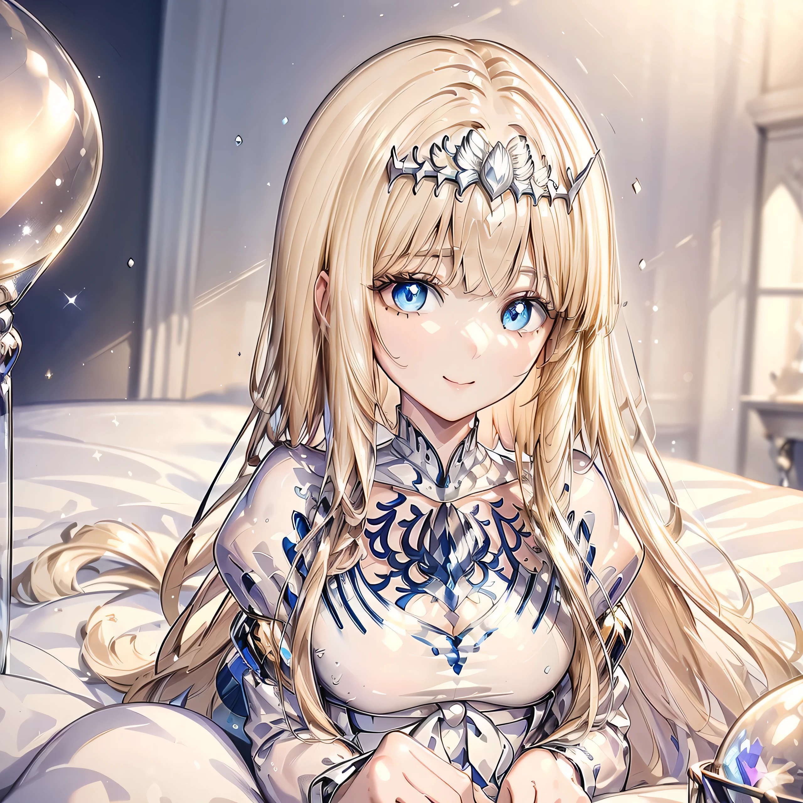 High definition RAW color art, Animation, sculptures, silver marble skin, (((Ultra detailed elegant))), Magical atmosphere, (Detailed skin, Texture (Intricately detailed, Fine detail, ultra-detailliert), depth of fields, Bokeh, silky touch, beautiful eyes, glass world, Hyper Detail, Matte Drawing, Pastel purple, 1girl, solo, Calca, Calca Bessarez, blonde hair, extremely long hair, very long hair, white tiara, silver tiara, white dress, blue eyes, medium chest, long straight hair, full body, in the luxurious bedroom, lay down on the bed, seductive smile