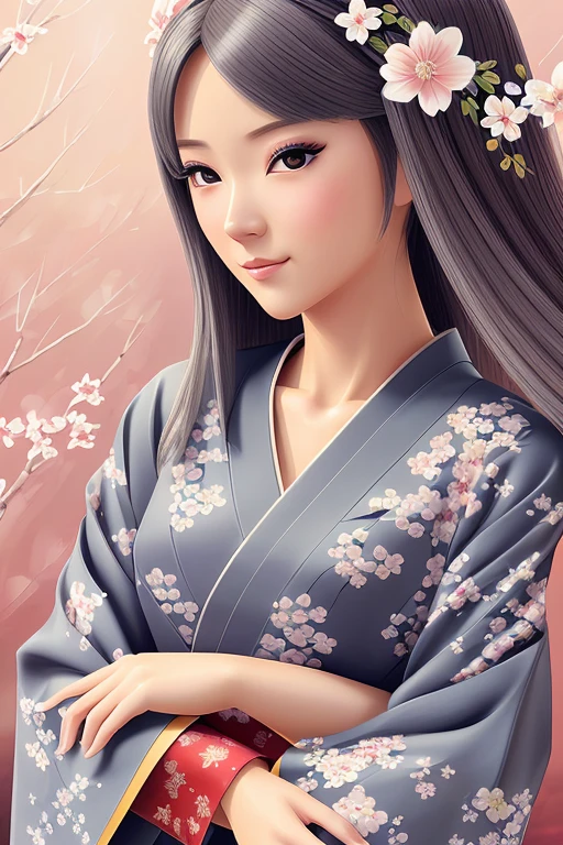 3D impressionist illustration, A Russian girl in her early 20s with ash grey hair, She is wearing a gorgeously designed Japanese yukata and gazing intently at the camera., The face is dense(((must)))