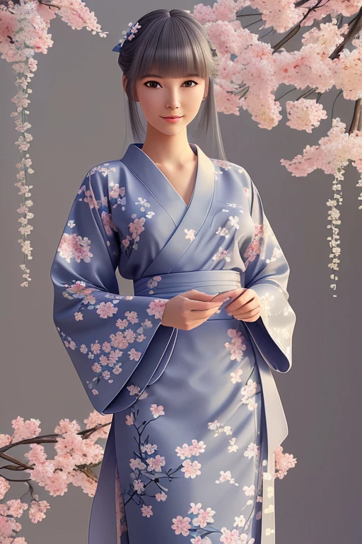 3D impressionist illustration, A Russian girl in her early 20s with ash grey hair, She is wearing a gorgeously designed Japanese yukata and gazing intently at the camera., The face is dense(((must)))