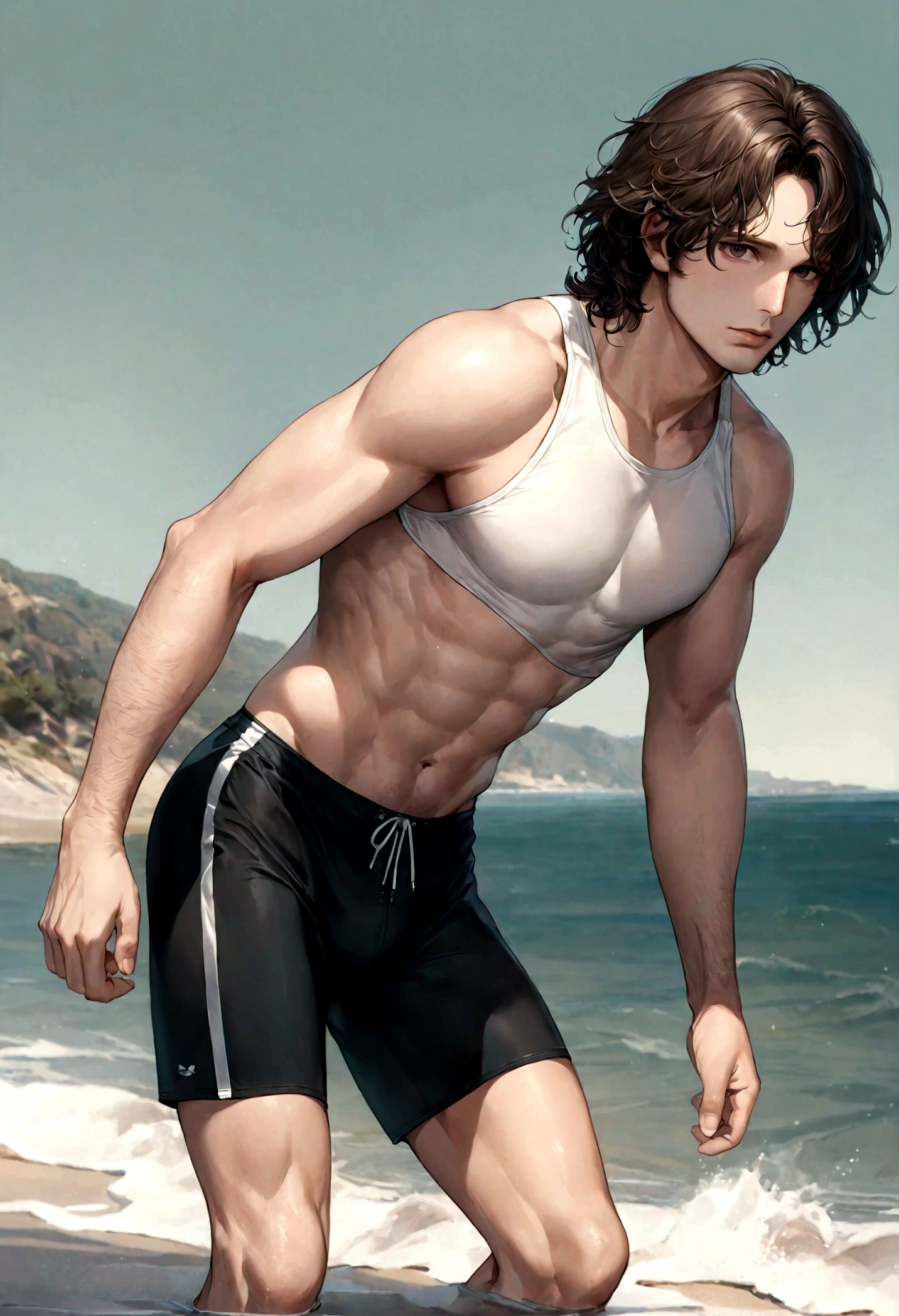 (swimwear for men), ), (con barba ,) (ojos color cafe claro), Aspecto atractivo y serio, cabello oscuro, swimming clothes, Un hombre similar al actor Jim Morrison, (Imagen realista y de alta calidad), fondo en la playa, se ve el mar,  ((La mejor calidad, 8K, obra maestra).((dynamic pose))
