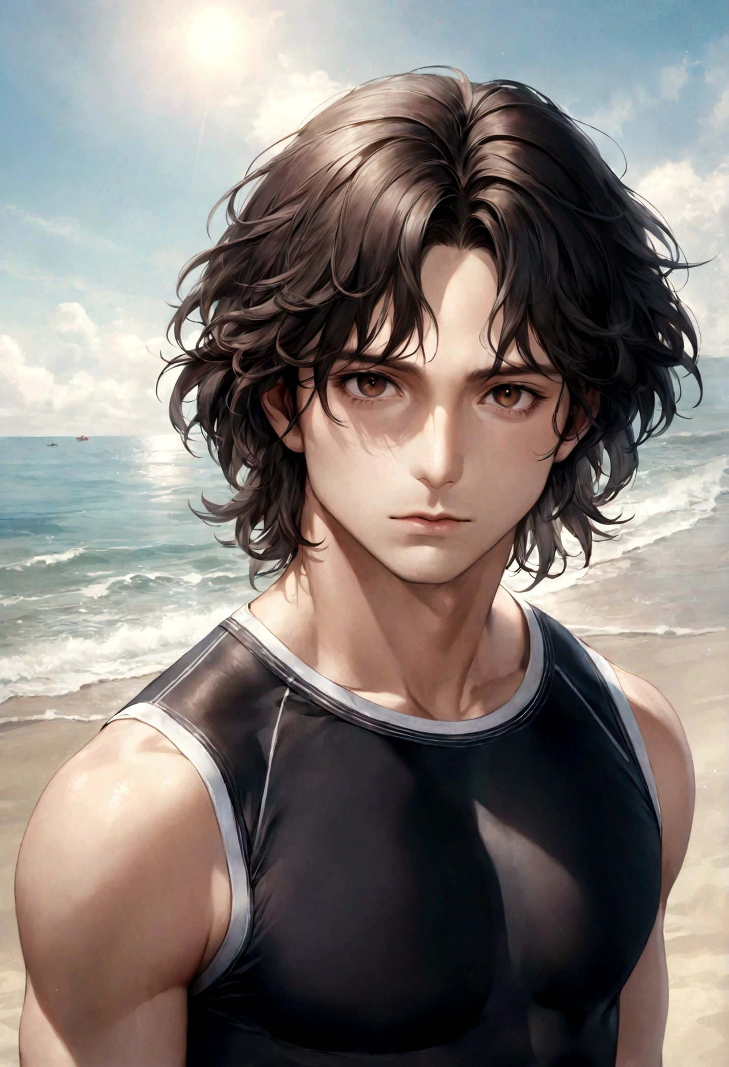 (swimwear for men), ), (con barba ,) (ojos color cafe claro), Aspecto atractivo y serio, cabello oscuro, swimming clothes, Un hombre similar al actor Jim Morrison, (Imagen realista y de alta calidad), fondo en la playa, se ve el mar, ((La mejor calidad, 8K, obra maestra).((dynamic pose))