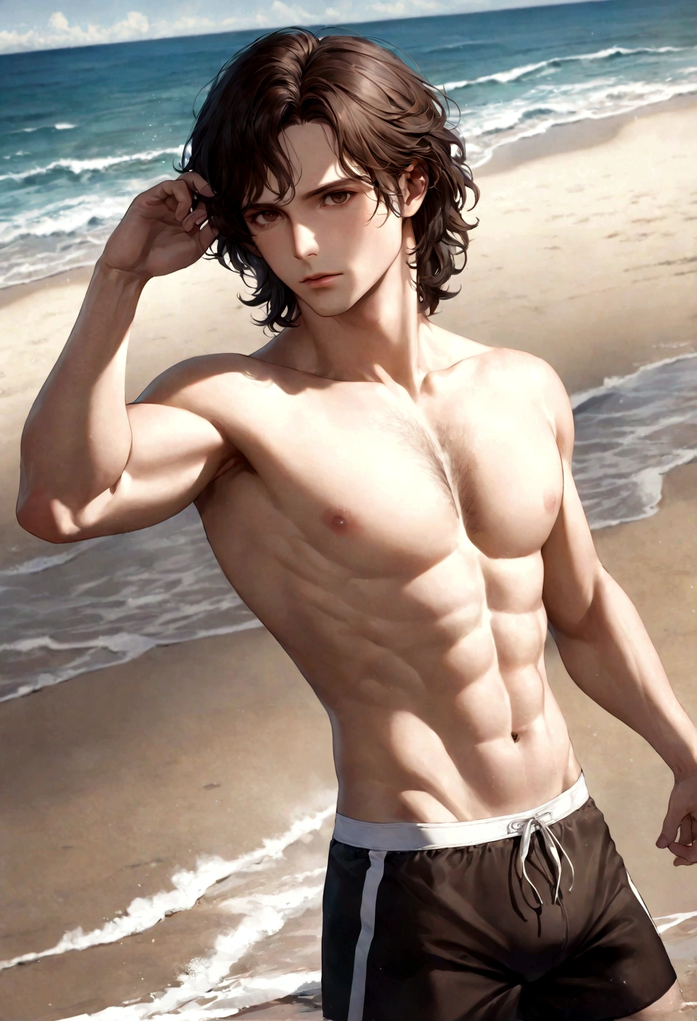 (swimwear for men), ), (con barba ,) (ojos color cafe claro), Aspecto atractivo y serio, Dark brown hair, swimming clothes, Un hombre similar al actor Jim Morrison, (Imagen realista y de alta calidad), fondo en la playa, se ve el mar,  ((La mejor calidad, 8K, obra maestra).((dynamic pose))