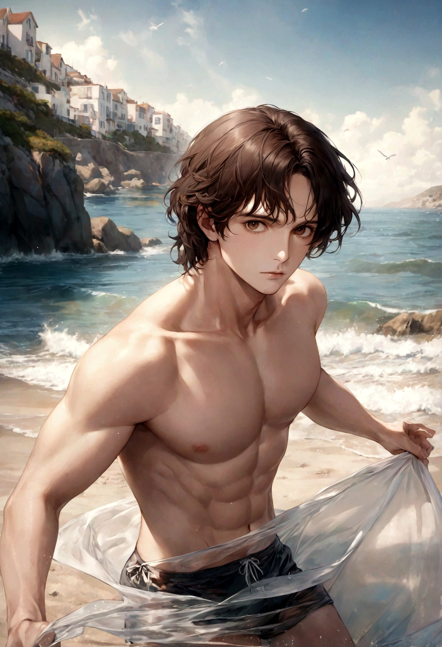 (swimwear for men), ), (con barba ,) (ojos color cafe claro), Aspecto atractivo y serio, Dark brown hair, swimming clothes, Un hombre similar al actor Jim Morrison, (Imagen realista y de alta calidad), fondo en la playa, se ve el mar, ((La mejor calidad, 8K, obra maestra).((dynamic pose))