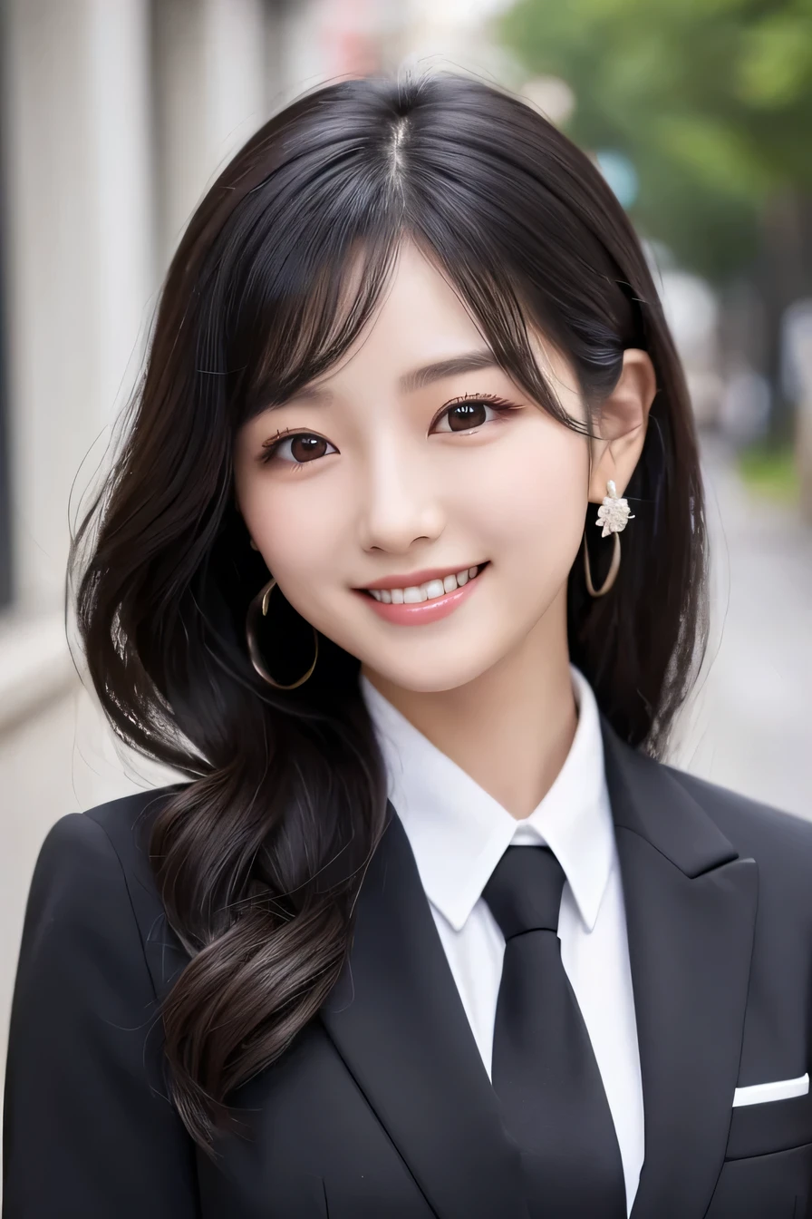 young woman、 Korean women、Black Hair、Wavy Hair、、ear piercing、、Black business suit、White dress shirt、tie、smile、Beautiful teeth alignment、Intricate details, Very detailed:1.2), 、 Looking into the camera,The background is the town、
