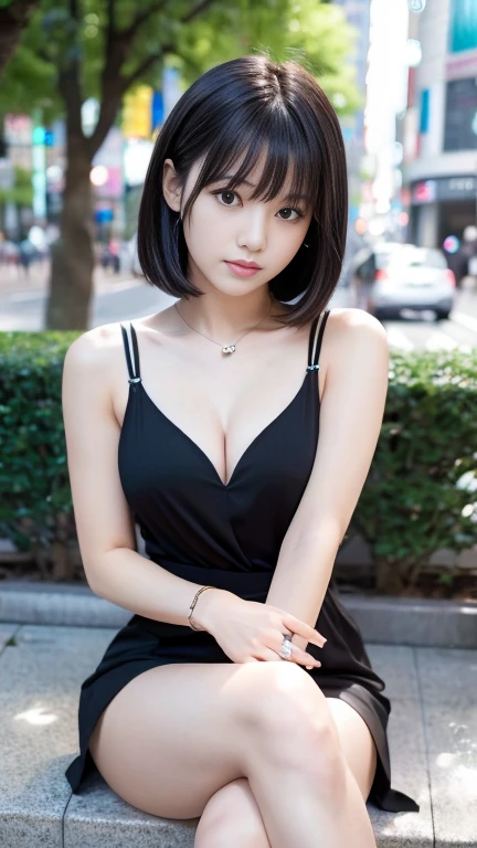 Ultra-high resolution, Superior Quality, highest quality, Super detailed, Realistic, 8k, RAW Photos, highest quality, masterpiece, Attractive girl, A wonderful girl, Black Hair, Asymmetrical bangs, Japanese Idols, Sophisticated, stylish, camisole, Sitting, Shibuya Ward,