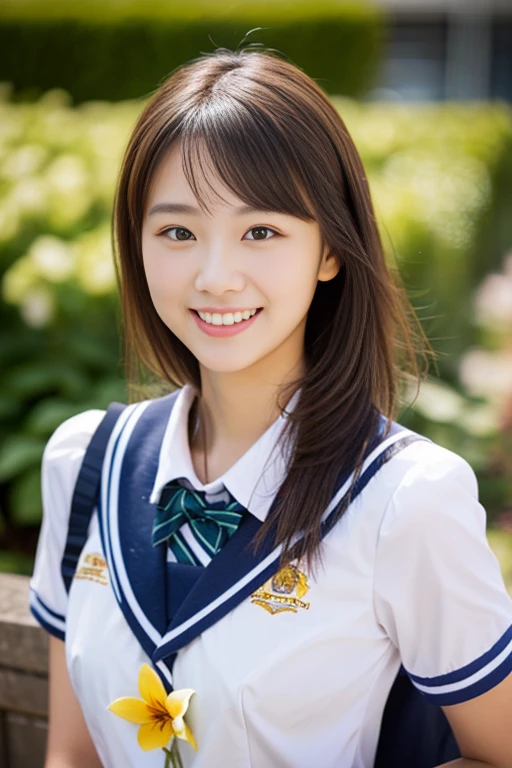 (((full bodyesbian)))、((Girls' High School Uniforms))、((1a person))、ponytail、short-hair、Close to the subject、((a school flower beds)))、(((ssmile)))、(((Girls' High School)))、((a beauty girl))、((sexy pose))、Photorealsitic、Beautiful detailed eyes、Hyper-Realism、highcontrast、Ultra HD、realistic skin textures、Top image quality、top-quality、超A high resolution、Fine details、Very meticulously、ample round bosom