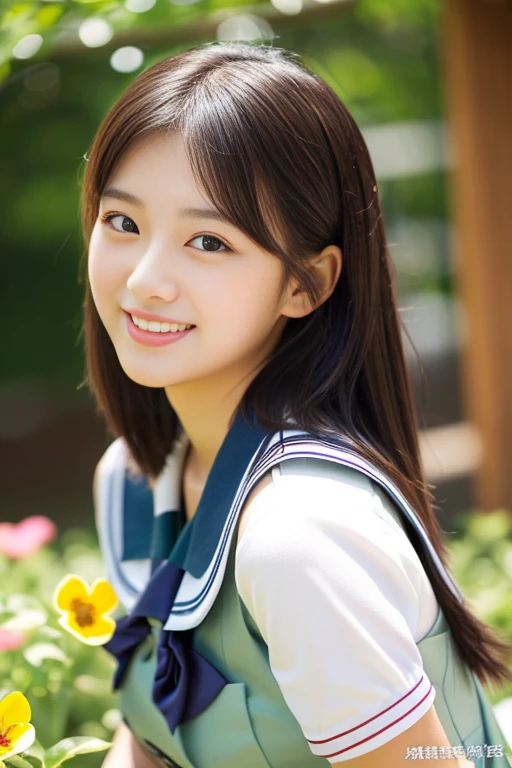 (((full bodyesbian)))、((Girls' High School Uniforms))、((1a person))、ponytail、short-hair、Close to the subject、((a school flower beds)))、(((ssmile)))、(((Girls' High School)))、((a beauty girl))、((sexy pose))、Photorealsitic、Beautiful detailed eyes、Hyper-Realism、highcontrast、Ultra HD、realistic skin textures、Top image quality、top-quality、超A high resolution、Fine details、Very meticulously、ample round bosom