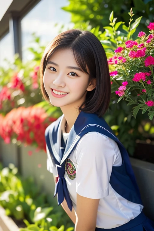 (((full bodyesbian)))、((Girls' High School Uniforms))、((１a person))、ponytail、short-hair、Close to the subject、((a school flower beds)))、(((ssmile)))、(((Girls' High School)))、((a beauty girl))、((sexy  pose))、Photorealsitic、Beautiful detailed eyes、Hyper-Realism、highcontrast、Ultra HD、realistic skin textures、Top image quality、top-quality、超A high resolution、Fine details、Very meticulously、ample round bosom