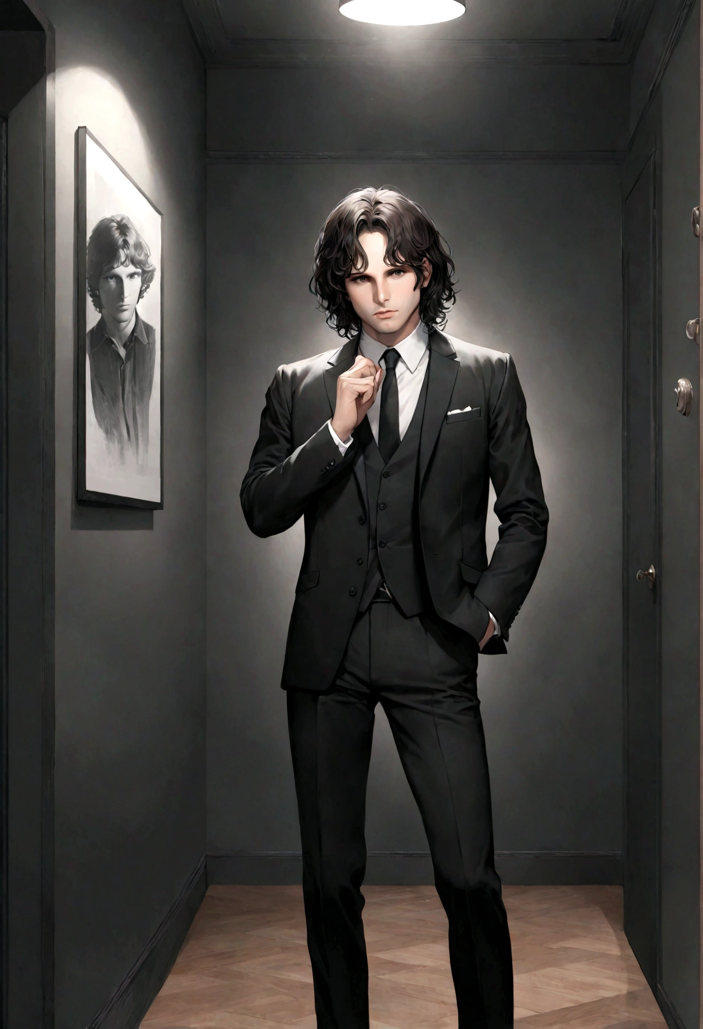 (traje de etiqueta para hombre), ), (con poca barba,) (ojos color cafe claro), Aspecto atractivo y serio, cabello negro oscuro, Elegante y con estilo, Un hombre similar al actor Jim Morrison, (Imagen realista y de alta calidad), Apartamento escandinavo en el fondo estilo estudio, ((La mejor calidad, 8K, obra maestra).((dynamic pose))