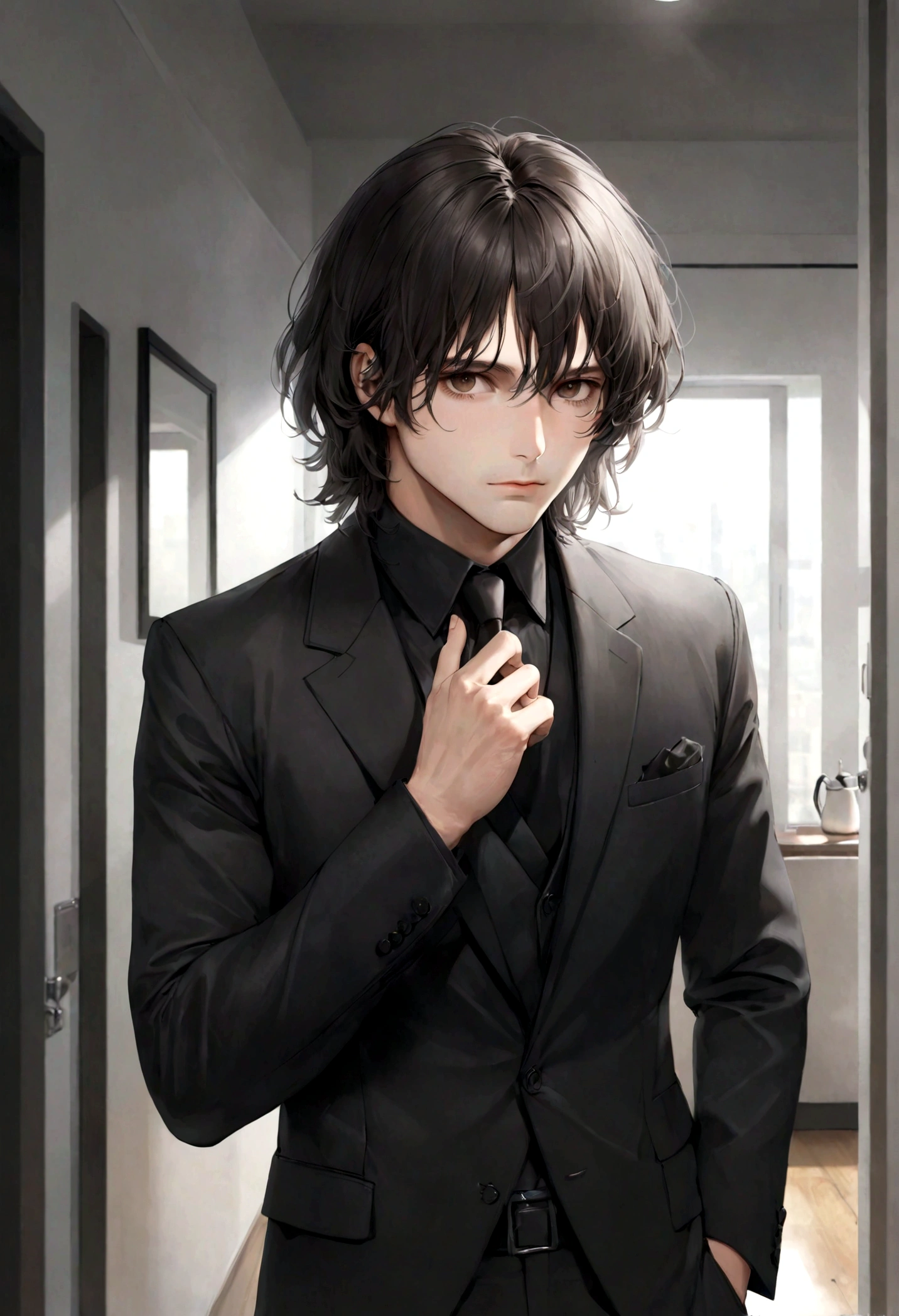 (traje de etiqueta para hombre), ), (con poca barba,) (ojos color cafe claro), Aspecto atractivo y serio, cabello negro oscuro, Elegante y con estilo, Un hombre similar al actor Jim Morrison, (Imagen realista y de alta calidad), Apartamento escandinavo en el fondo estilo estudio, ((La mejor calidad, 8K, obra maestra).((dynamic pose))