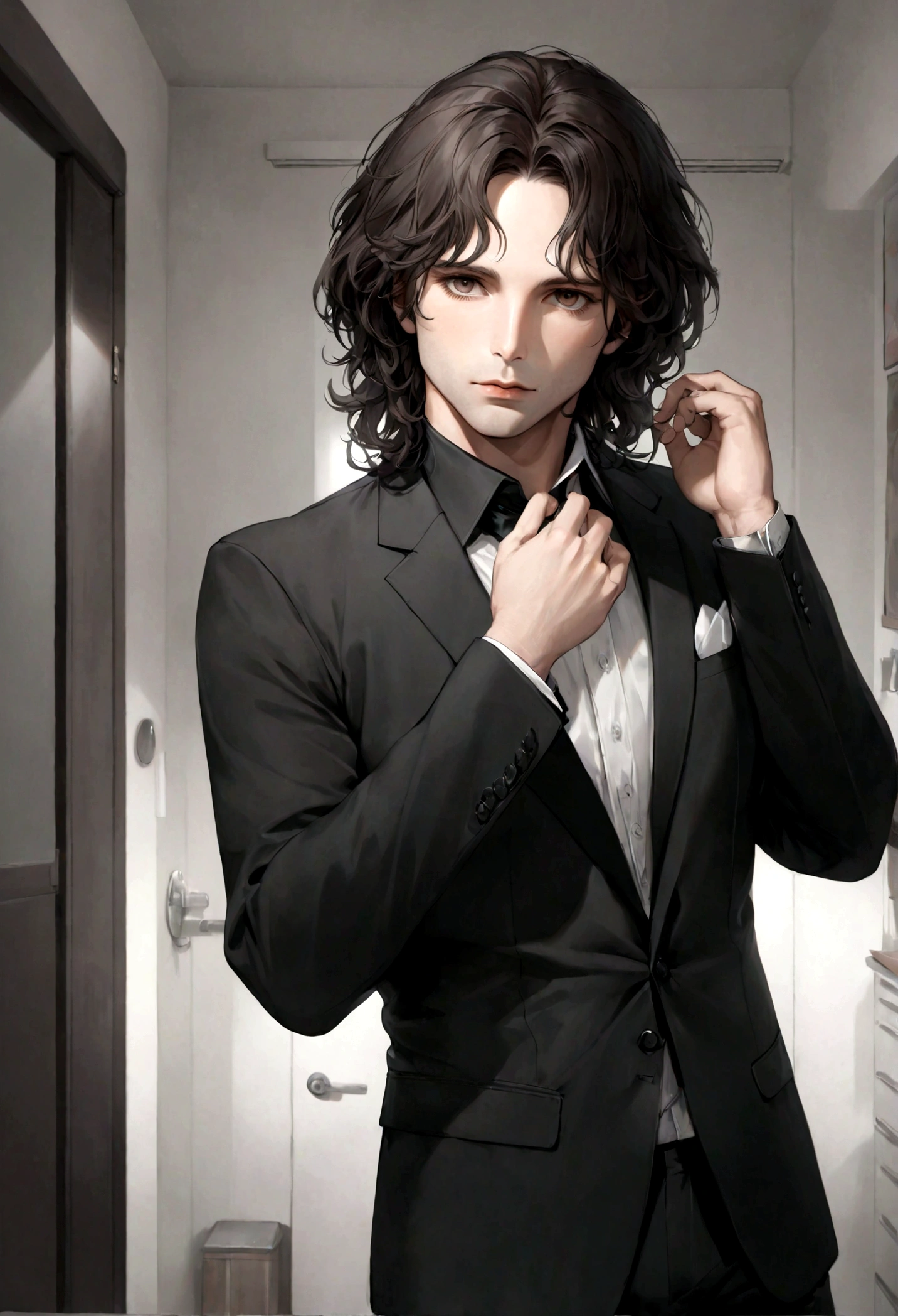 (traje de etiqueta para hombre), ), (con poca barba,) (ojos color cafe claro), Aspecto atractivo y serio, cabello negro oscuro, Elegante y con estilo, Un hombre similar al actor Jim Morrison, (Imagen realista y de alta calidad), Apartamento escandinavo en el fondo estilo estudio, ((La mejor calidad, 8K, obra maestra).((dynamic pose))