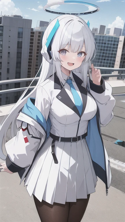 High Quality 2d Anime, Dynamic lighting, highres, aanoa, long white hair, headgear, mechanical halo, large breasts, blue necktie, white shirt, off shoulder, white jacket, open jacket, long sleeves, white skirt, pleated skirt, black pantyhose, outstretched arms, smile, open mouth, rooftop, city, blue sky, standing