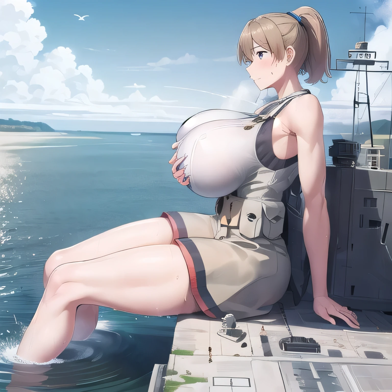 (giantess), huge breast, Pleasure, Long legs, Sweat,intrepid_kantaicollection,A woman seen from the side,Underarm,ponytail,Dressed Woman,Military repair dock,warship