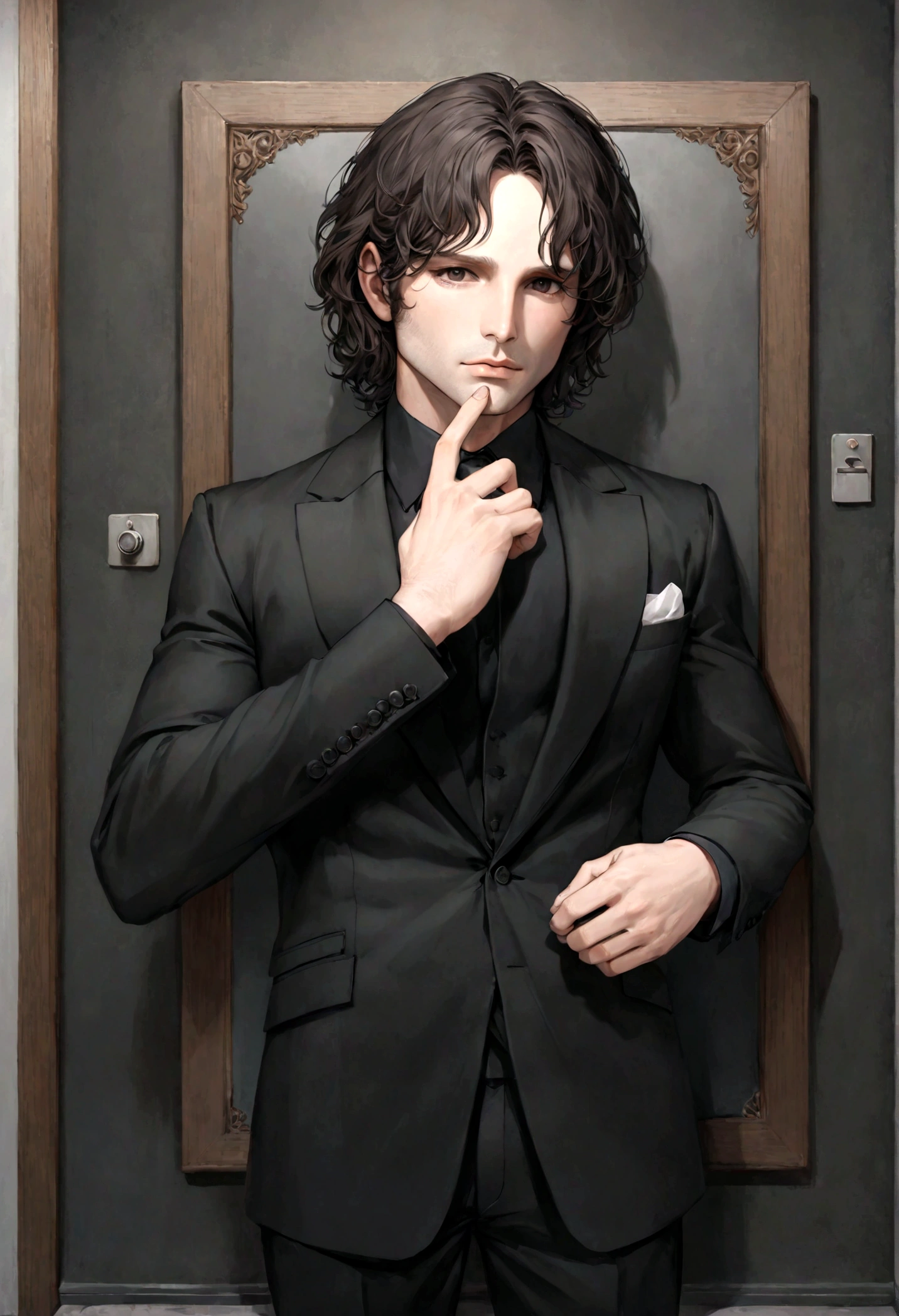 (traje de etiqueta para hombre), ), (con poca barba,) (ojos color cafe claro), Aspecto atractivo y serio, cabello oscuro, Elegante y con estilo, Camiseta de cuerpo fuerte afeitada, Un hombre similar al actor Jim Morrison, (Imagen realista y de alta calidad), Apartamento escandinavo en el fondo simple de un cuarto, ((La mejor calidad, 8K, obra maestra).((pose dinamica))