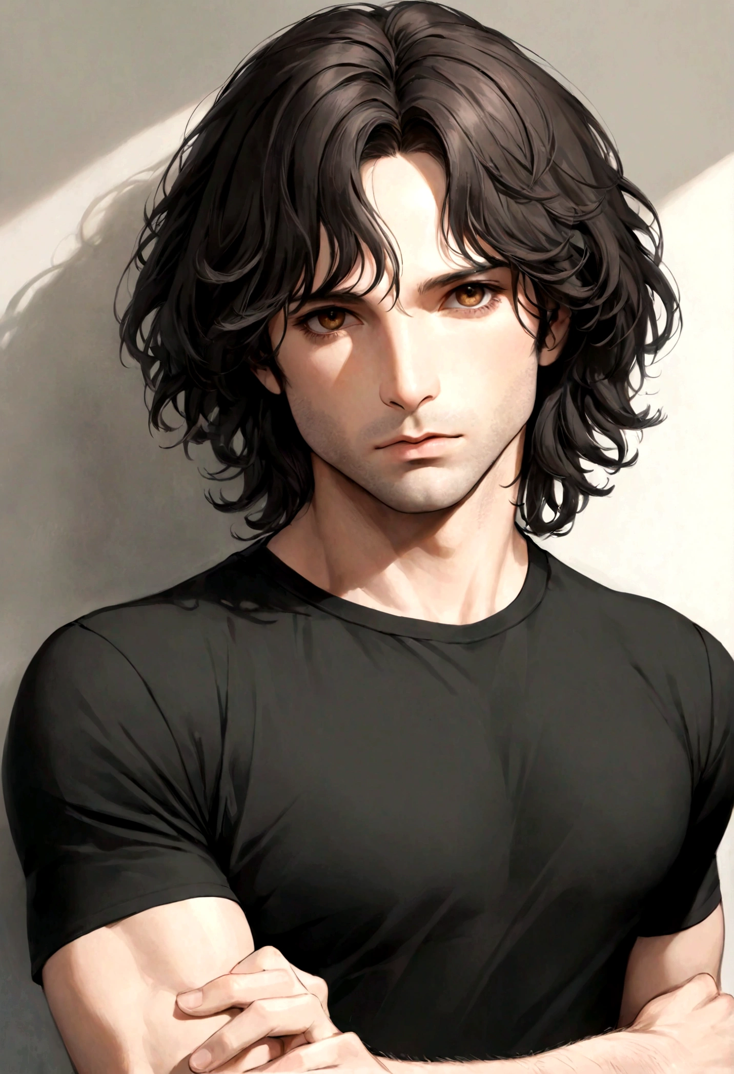 (traje de etiqueta para hombre), ), (con poca barba,) (ojos color cafe claro), Aspecto atractivo y serio, cabello oscuro, Elegante y con estilo, Camiseta de cuerpo fuerte afeitada, Un hombre similar al actor Jim Morrison, (Imagen realista y de alta calidad), Apartamento escandinavo en el fondo simple de un cuarto, ((La mejor calidad, 8K, obra maestra).((pose dinamica))