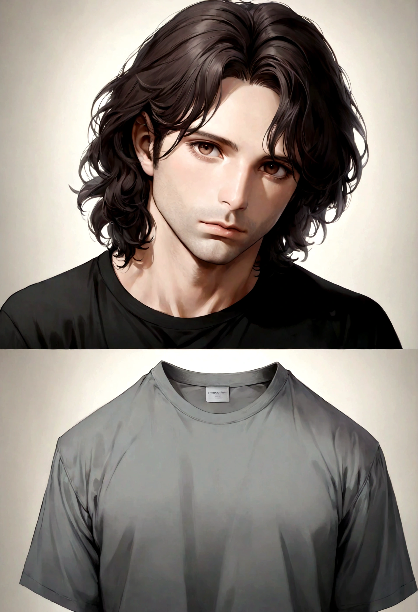 (traje de etiqueta para hombre), ), (con poca barba,) (ojos color cafe claro), Aspecto atractivo y serio, cabello oscuro, Elegante y con estilo, Camiseta de cuerpo fuerte afeitada, Un hombre similar al actor Jim Morrison, (Imagen realista y de alta calidad), Apartamento escandinavo en el fondo simple de un cuarto, ((La mejor calidad, 8K, obra maestra).((pose dinamica))