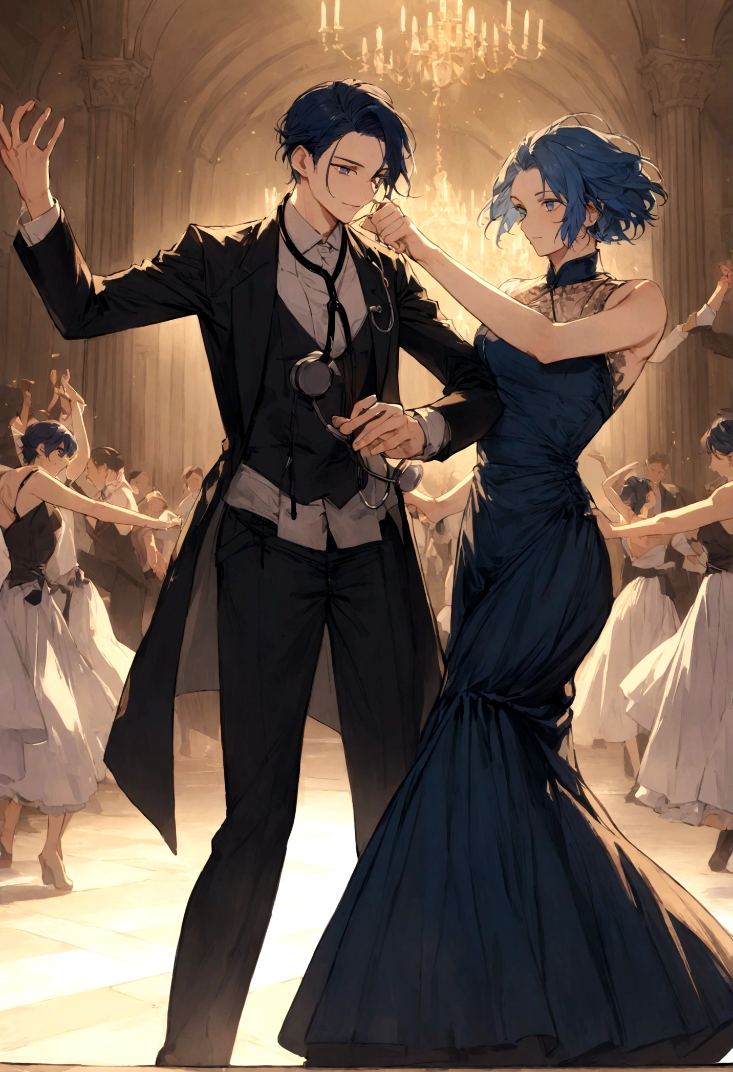 25 year old male, short blue hair, dark blue eyes, wearing doctor's clothes, wearing stethoscope,dance, cool