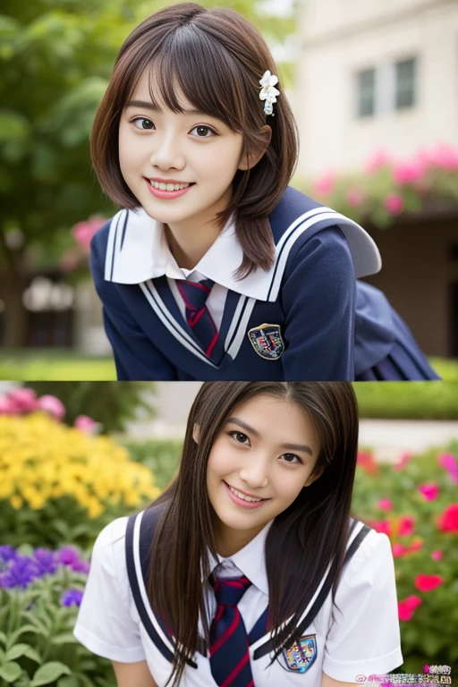 (((full bodyesbian)))、((Girls' High School Uniforms))、((1a person))、ponytail、short-hair、Close to the subject、((a school flower beds)))、(((ssmile)))、(((Girls' High School)))、((a beauty girl))、((sexy pose))、Photorealsitic、Beautiful detailed eyes、Hyper-Realism、highcontrast、Ultra HD、realistic skin textures、Top image quality、top-quality、超A high resolution、Fine details、Very meticulously、ample round bosom
