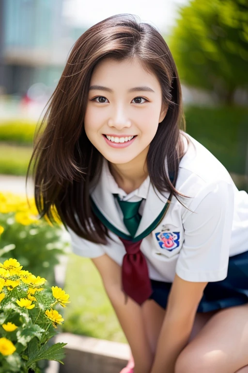 (((full bodyesbian)))、((Girls' High School Uniforms))、((1a person))、ponytail、short-hair、Close to the subject、((a school flower beds)))、(((ssmile)))、(((Girls' High School)))、((a beauty girl))、((sexy pose))、Photorealsitic、Beautiful detailed eyes、Hyper-Realism、highcontrast、Ultra HD、realistic skin textures、Top image quality、top-quality、超A high resolution、Fine details、Very meticulously、ample round bosom