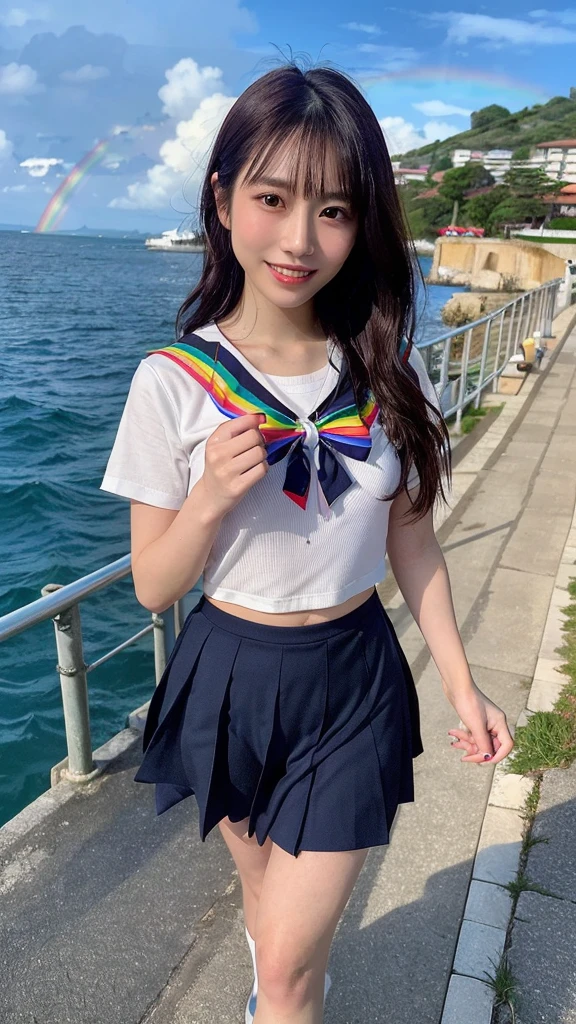 (best quality, 8k, 32k, masterpiece, UHD:1.2), (RAW photo), (realistic), (photorealistic:1.2), (high resolution), huge filesize, ultra-detailed, extremely beautiful face & eyes, 1girl, japanese elementary school student,14yo, 13yo, 12yo, round small face, thin waist, large breasts, slim proportions, thin thighs, (darkblue pleated mini skirt, japanese sailor, sailor fuku, serafuku, japanese school sailor suit,bow), nice hands, perfect hands, accurate hand depiction, perfect thumb & fingers, sweaty, shy smile, pure white teeth, from below,(A big rainbow appears on the Sea,walking on the Path to the Sea with rainbow,Downhill leading to the sea,rainbow:1.45),(Droopy eyes, Natural Makeup、Ultra-high definition beauty face:1.25)、(Ultra high resolution perfect beautiful teeth, Mid-chest, Tight waist, smile:1.15)、Ultra HD Shining Eyes、Super high quaHigh resolution 16K human skin closeup。 The skin texture is natural、,Pores、It must be detailed enough to be easily identifiable.。 Skin should look healthy and have an even tone。 Use natural light and color,lity glossy lip、High resolution 16K human skin closeup。 The skin texture is natural、,Pores、It must be detailed enough to be easily identifiable.。 Skin should look healthy and have an even tone。 Use natural light and color,