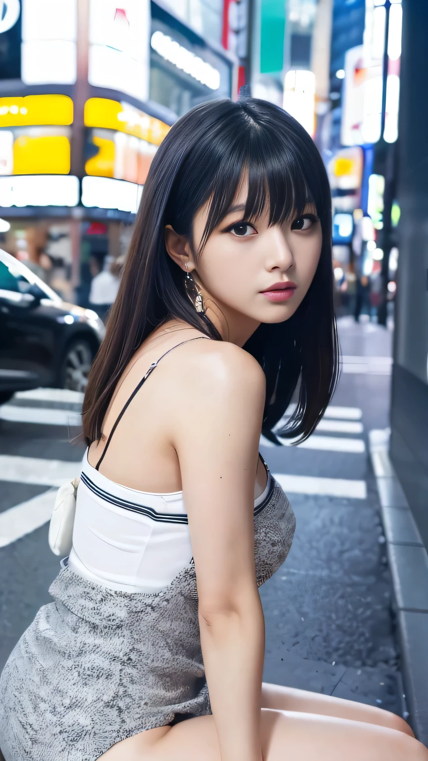 Ultra-high resolution, Superior Quality, highest quality, Super detailed, Realistic, 8k, RAW Photos, highest quality, masterpiece, Attractive girl, A wonderful girl, Black Hair, Asymmetrical bangs, Japanese Idols, Sophisticated, stylish, camisole, Sitting, Shibuya Ward, 