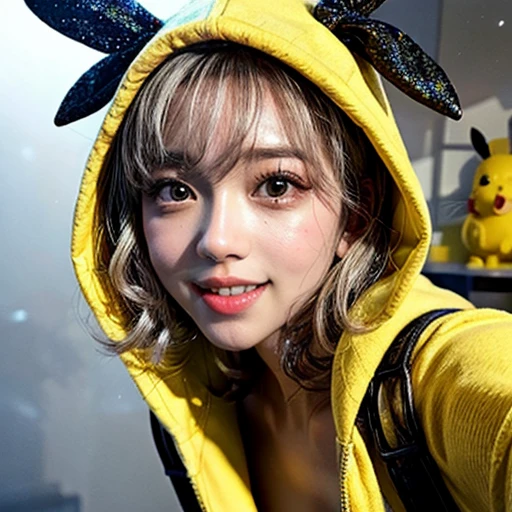 (Girl in ((Yellow)) Pikachu hood), (naked hoodie, hood loosely open) . masterpiece 8K best quality, (RAW PhotoRealistic HyperRealism:1.37) Ultra-detailed, (Acutance:0.85), VolumetricLighting, (Studio) gray background with (Blurred colorful Lights dazzling bokeH:1.28), { (Overflowing Gigantic Cleavage;1.2) | (Golden ray illuminating face) | (Photon Particles:0.95) } . BREAK . (((Extremely detailed KAWAII face))), perfect anatomy, Childish, CaptivatingGaze, Elaborate detailed Eyes with (Sparkling Highlights:1.28), Beautifull Pupils, (Voluminous Long Eyelashes:0.88)、Glossy Lips, Rosy Cheeks, (Flawless FineSkin, Radiant PearlSkin with Transparency) . { (joyful expressions:1.28) | (:d) }, (Large eyes:-1) . ((leaning forward with DownBlouse))