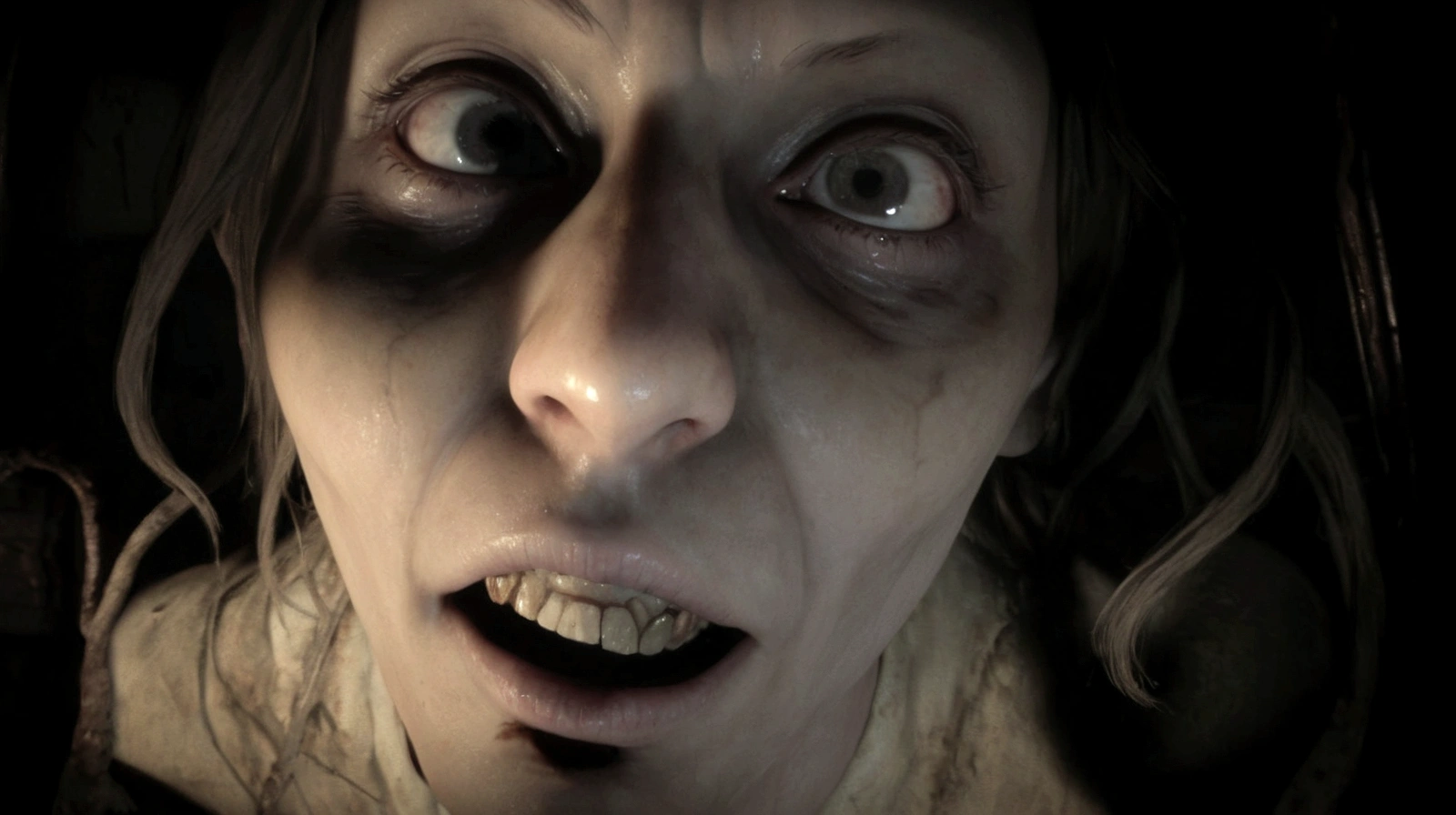 arafed woman with a creepy face and eyes in a dark room, jack baker from resident evil 7, jump scare, resident evil 7, indie video game horror, horror video game, haunting face, face of a pale alien cultist, evil dead face, horror game graphics, highly detailed horror, unsettling grin, tired haunted expression, uhd face details